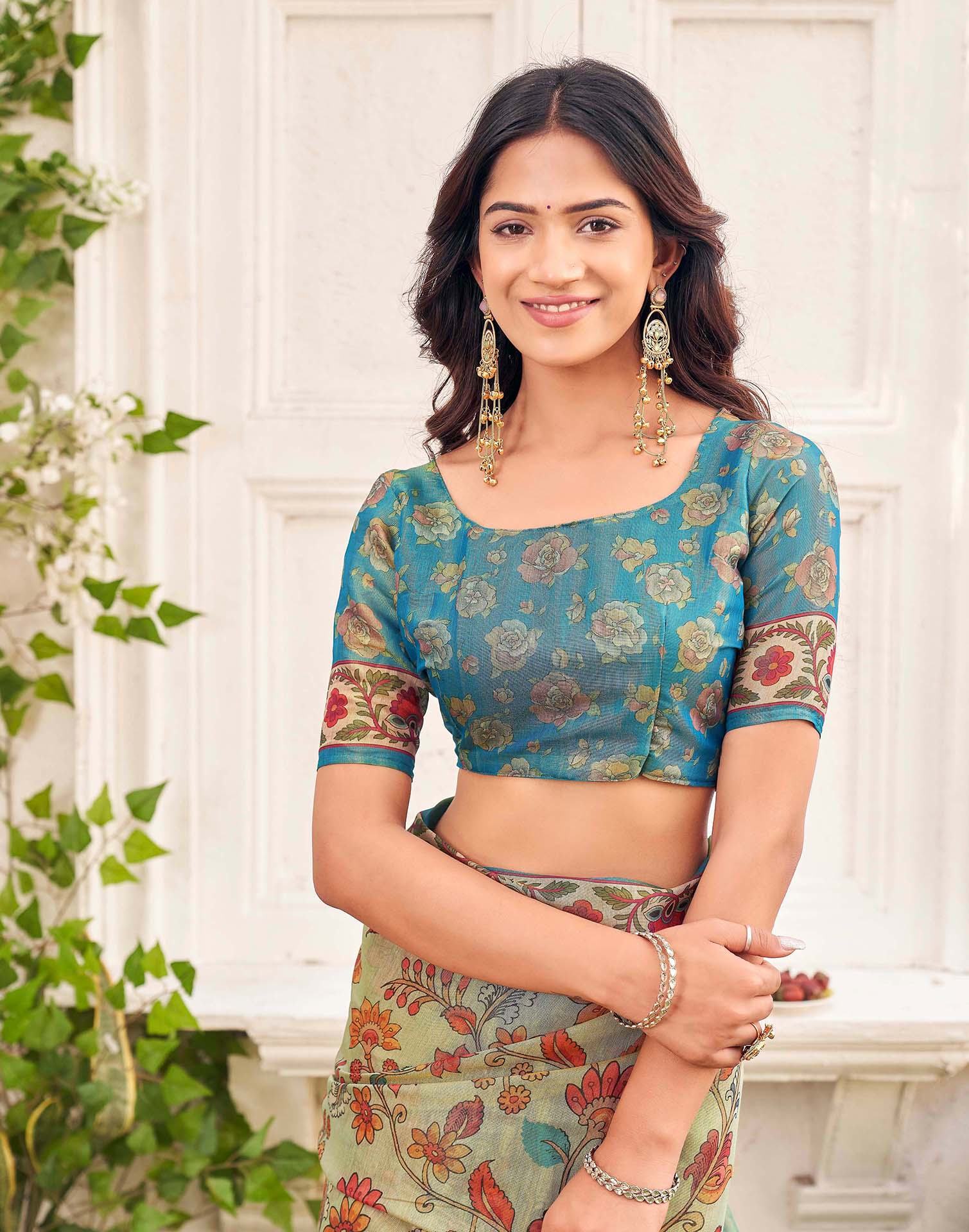 Beige Shimmer Silk Printed Kalamkari SareeĀ - Image 10