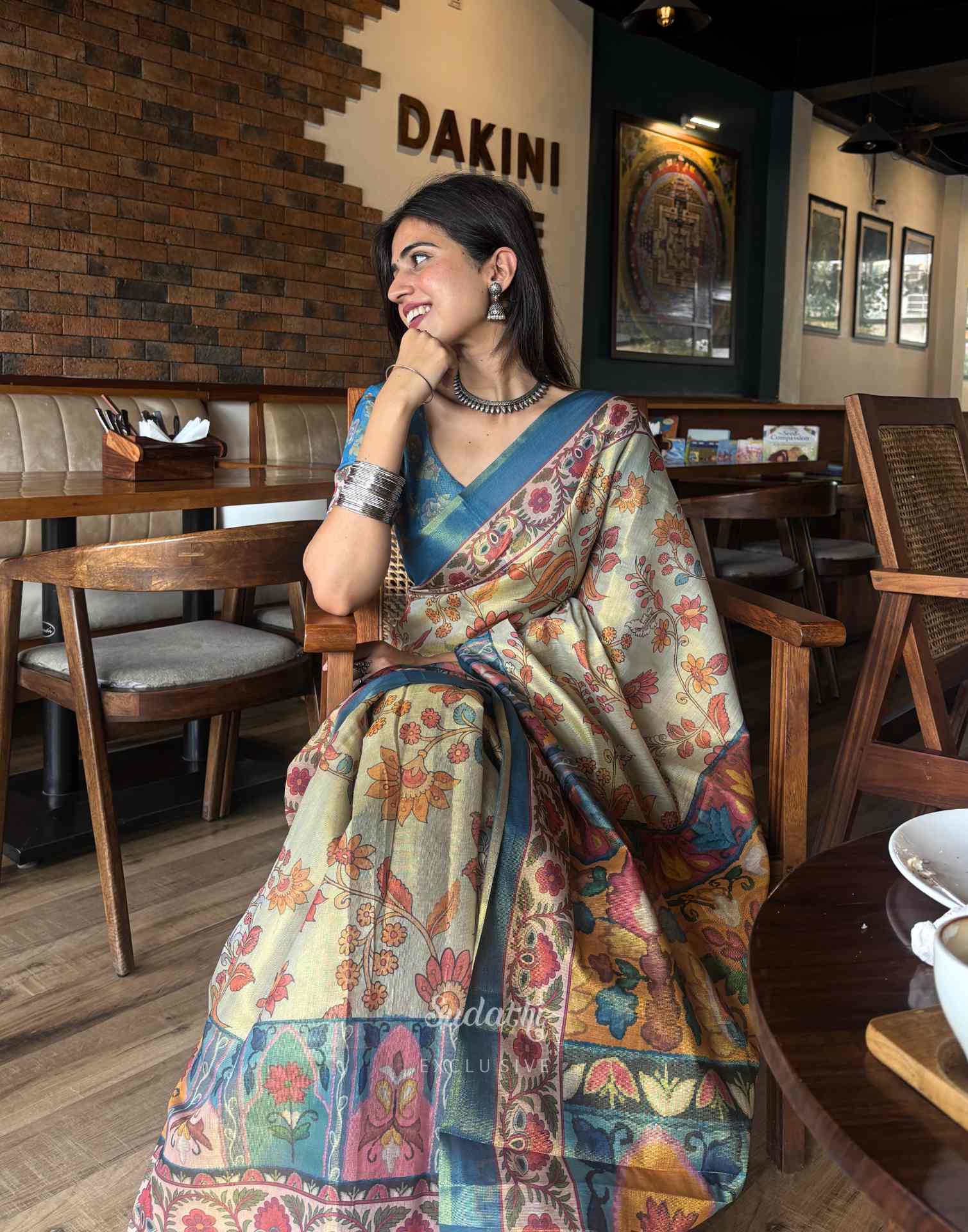 Beige Shimmer Silk Printed Kalamkari SareeĀ - Image 3