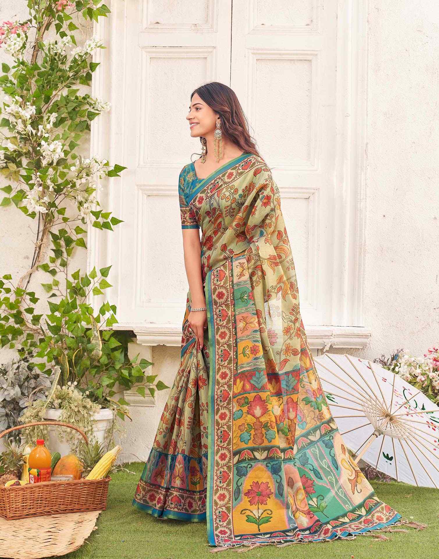 Beige Shimmer Silk Printed Kalamkari SareeĀ - Image 6