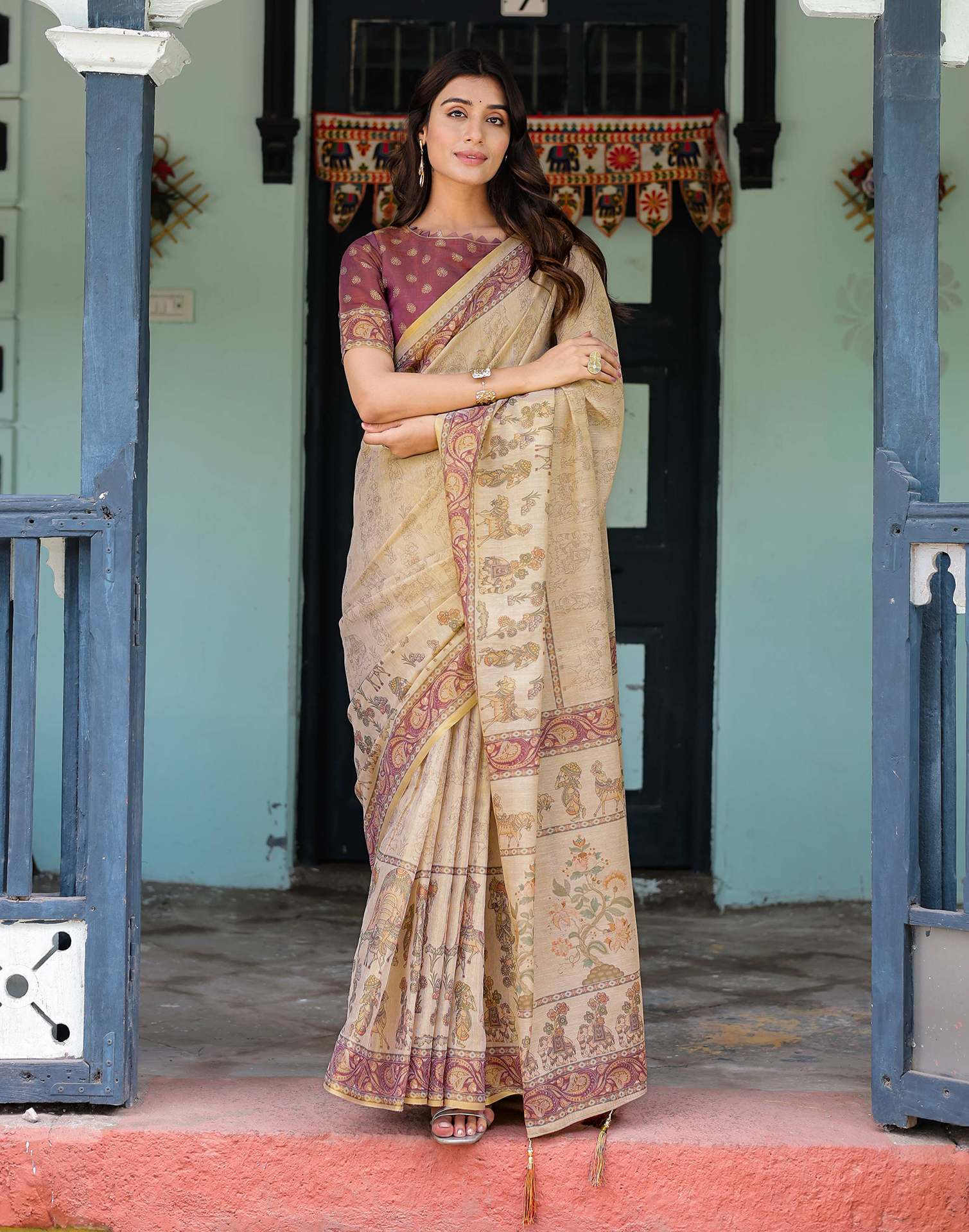 Beige Shimmer Silk Printed Saree - Image 10