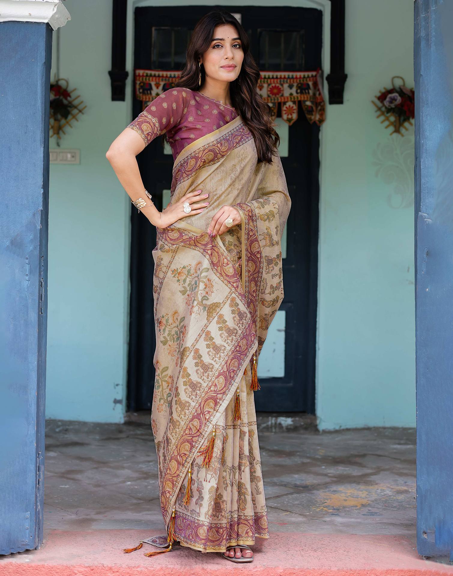 Beige Shimmer Silk Printed Saree - Image 7