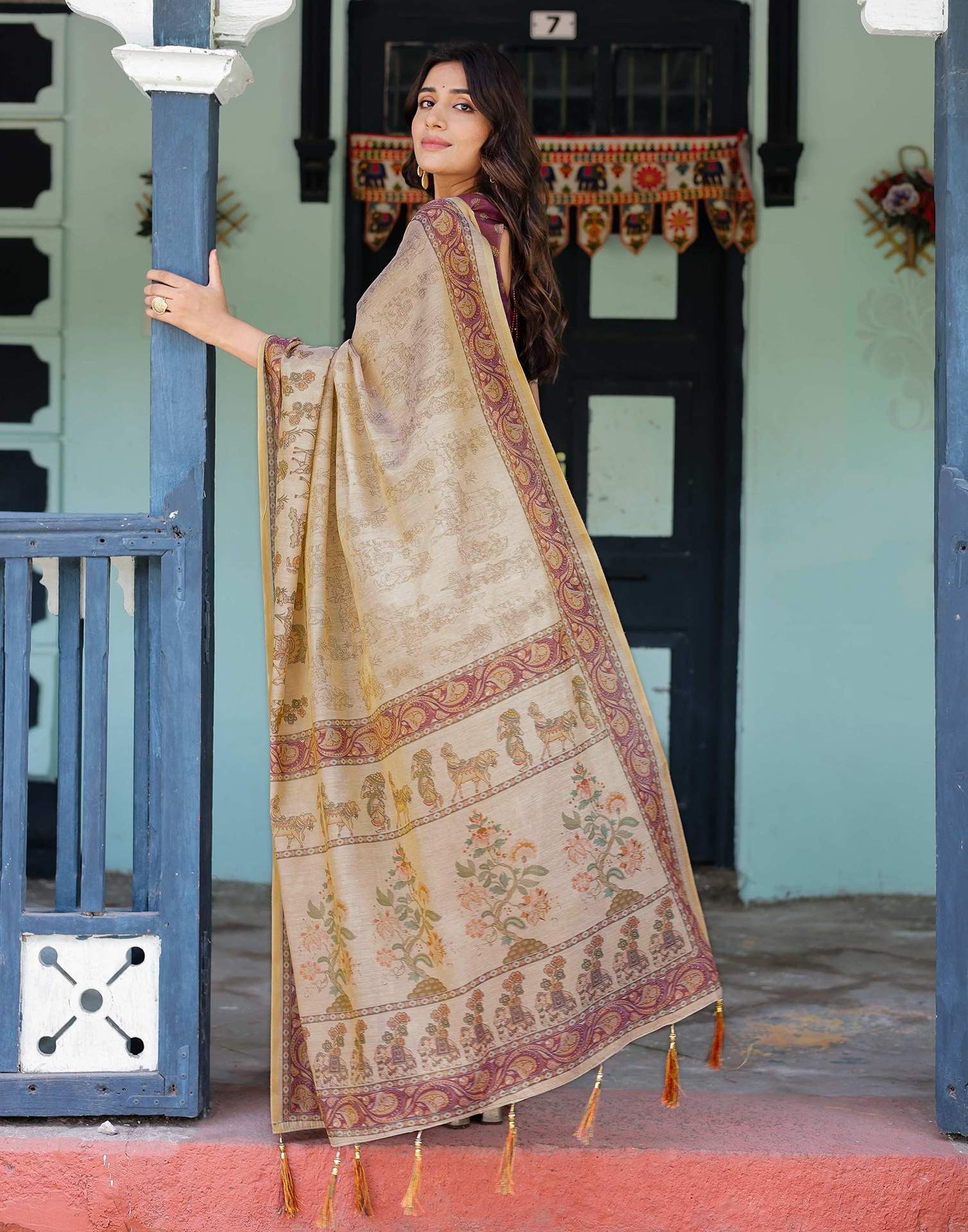 Beige Shimmer Silk Printed Saree - Image 8