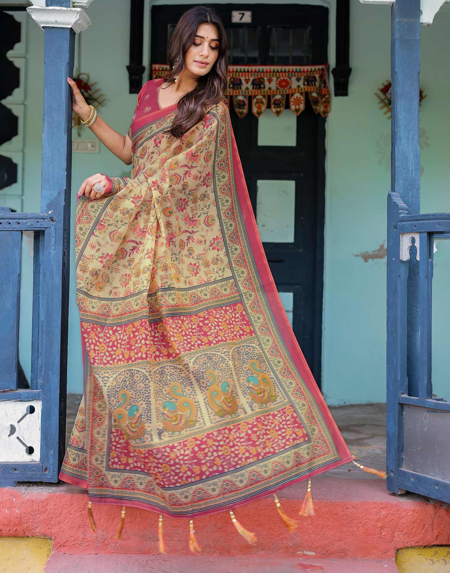 Beige Shimmer Silk Printed Saree - Image 11