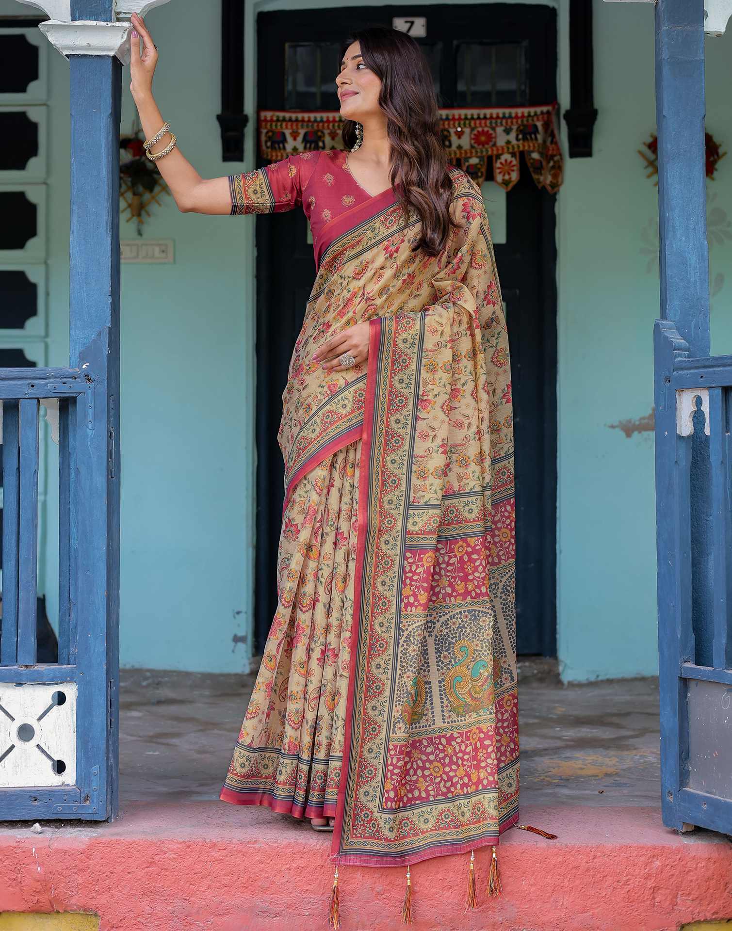 Beige Shimmer Silk Printed Saree - Image 12