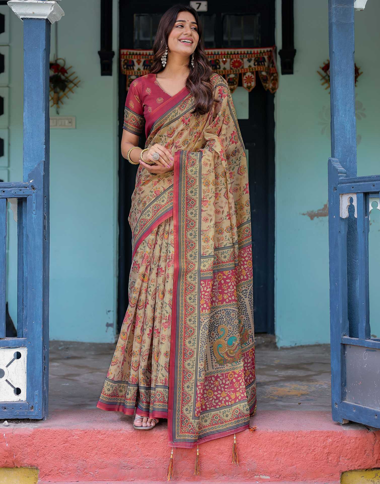 Beige Shimmer Silk Printed Saree - Image 13