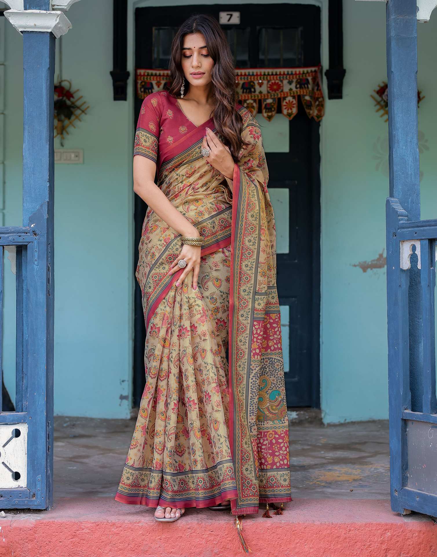 Beige Shimmer Silk Printed Saree - Image 14