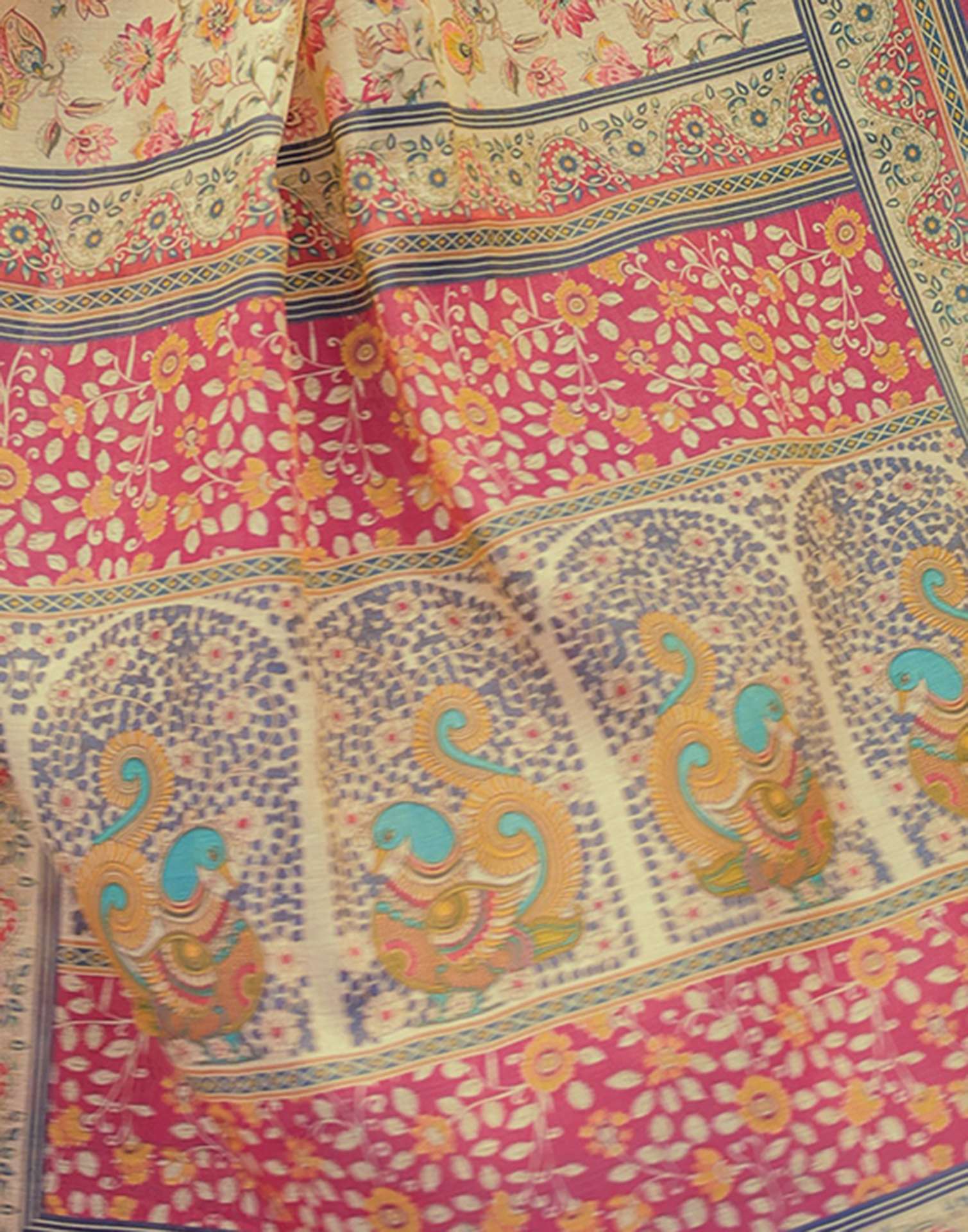 Beige Shimmer Silk Printed Saree - Image 15