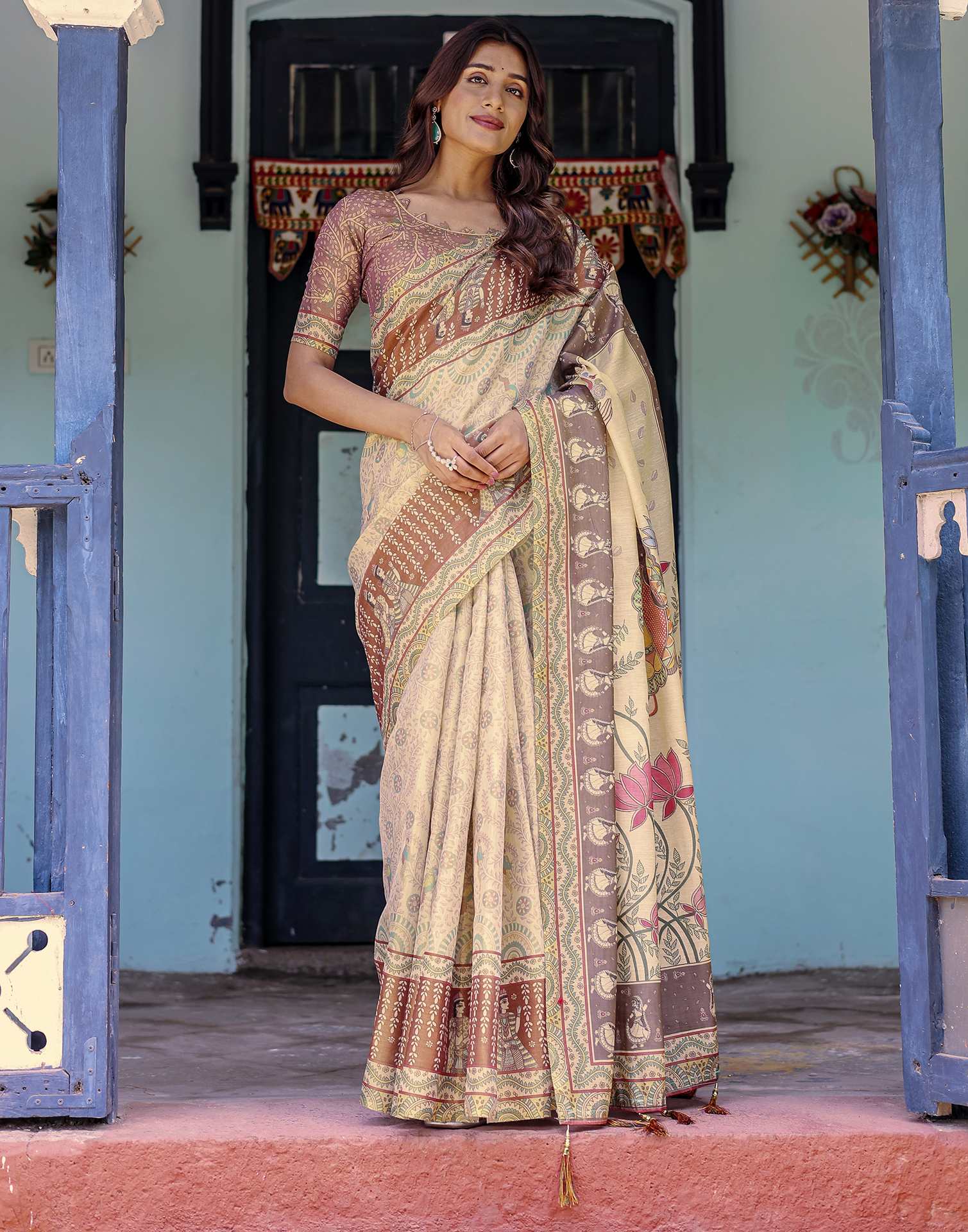 Beige Shimmer Silk Printed Saree - Image 12