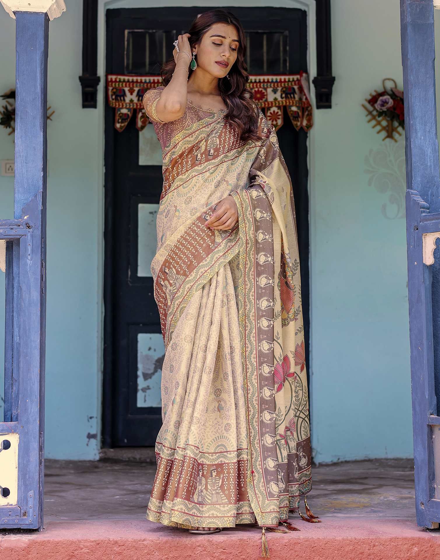 Beige Shimmer Silk Printed Saree - Image 13