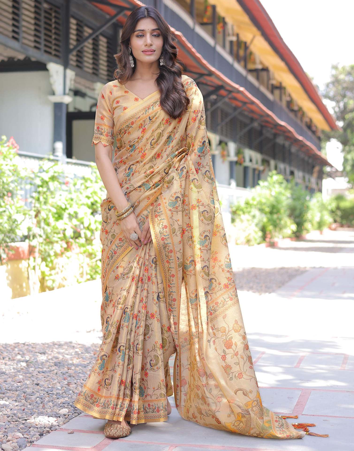 Beige Shimmer Silk Printed Saree - Image 9