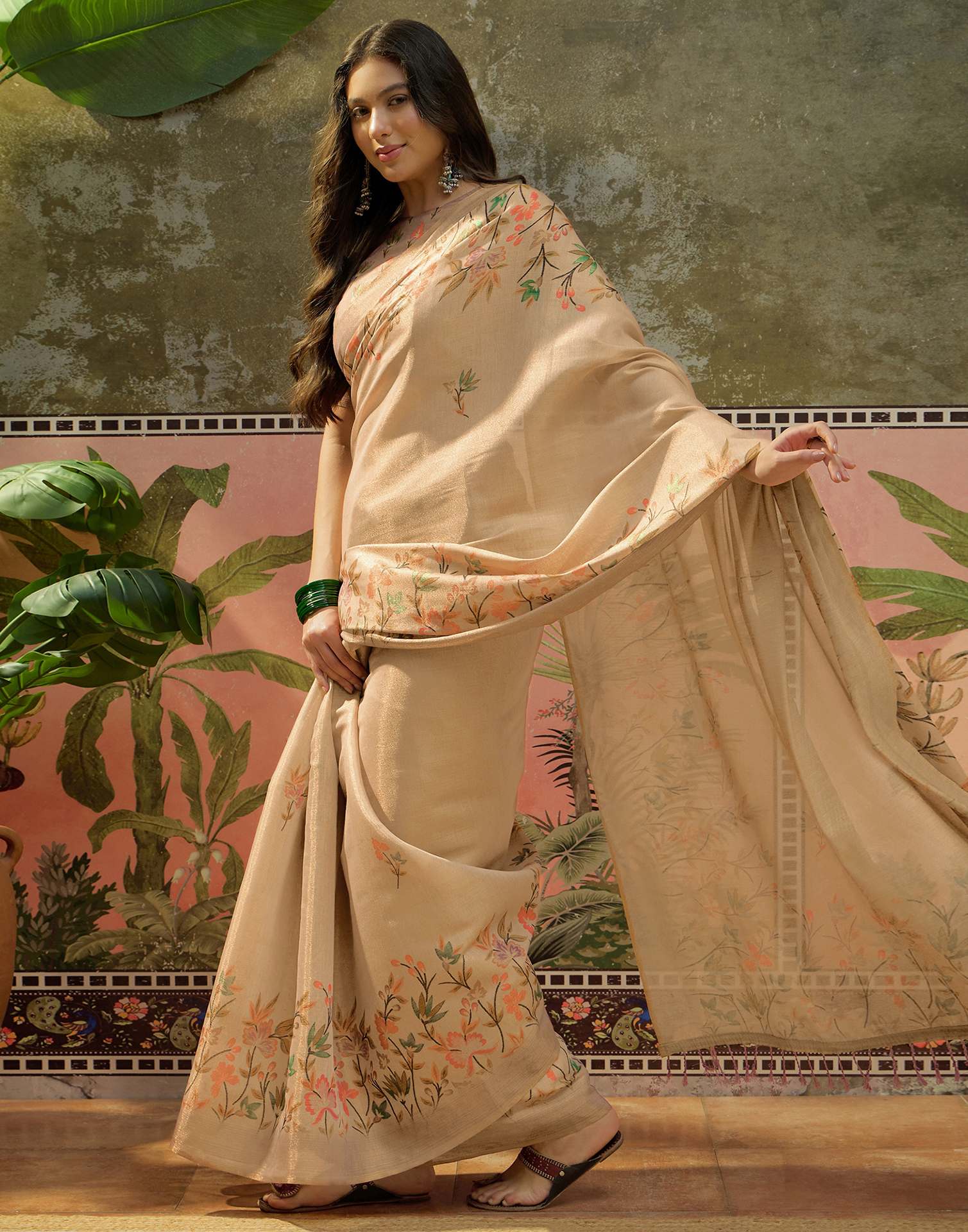 Beige Shimmer Silk Printed Saree - Image 5
