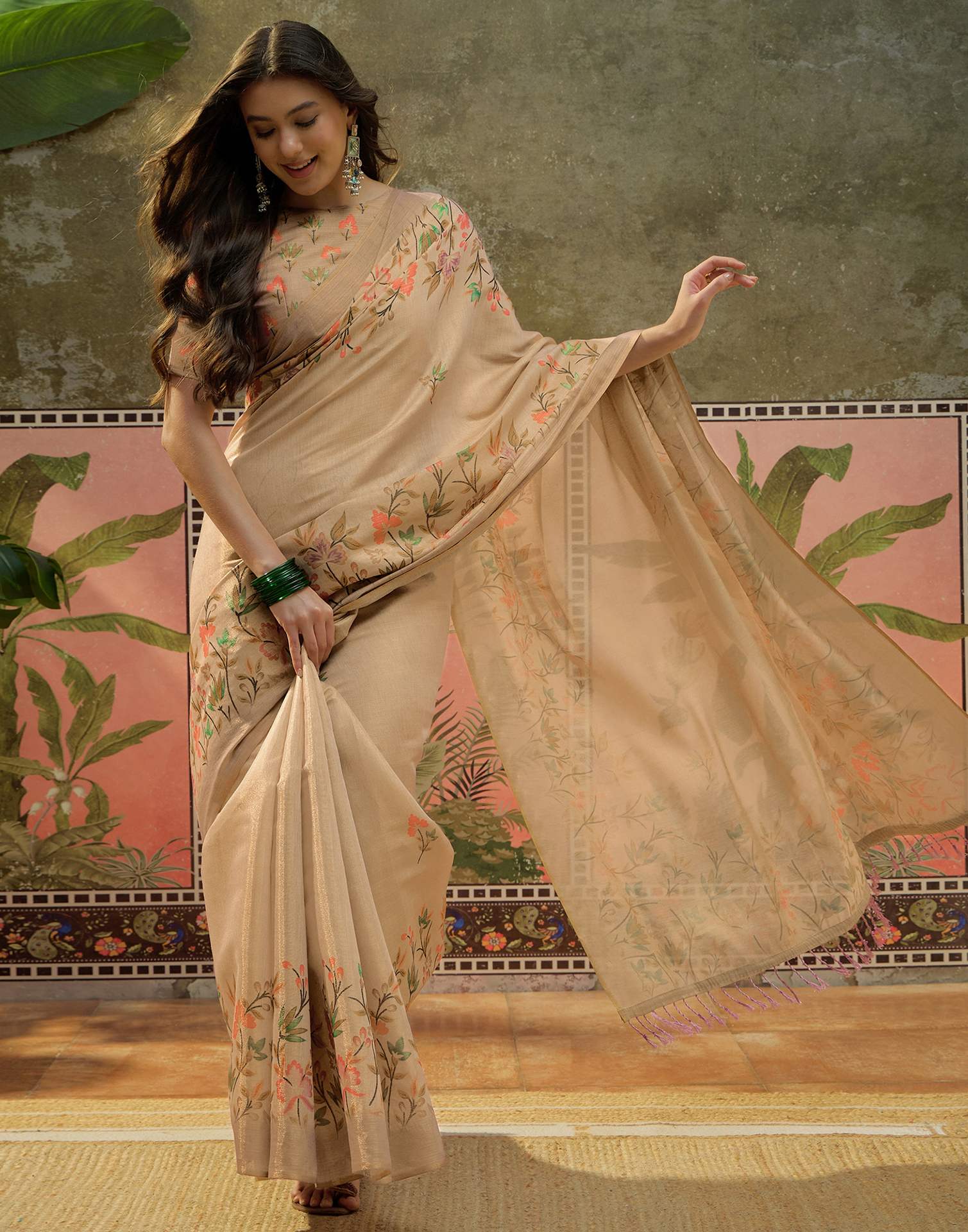 Beige Shimmer Silk Printed Saree - Image 6