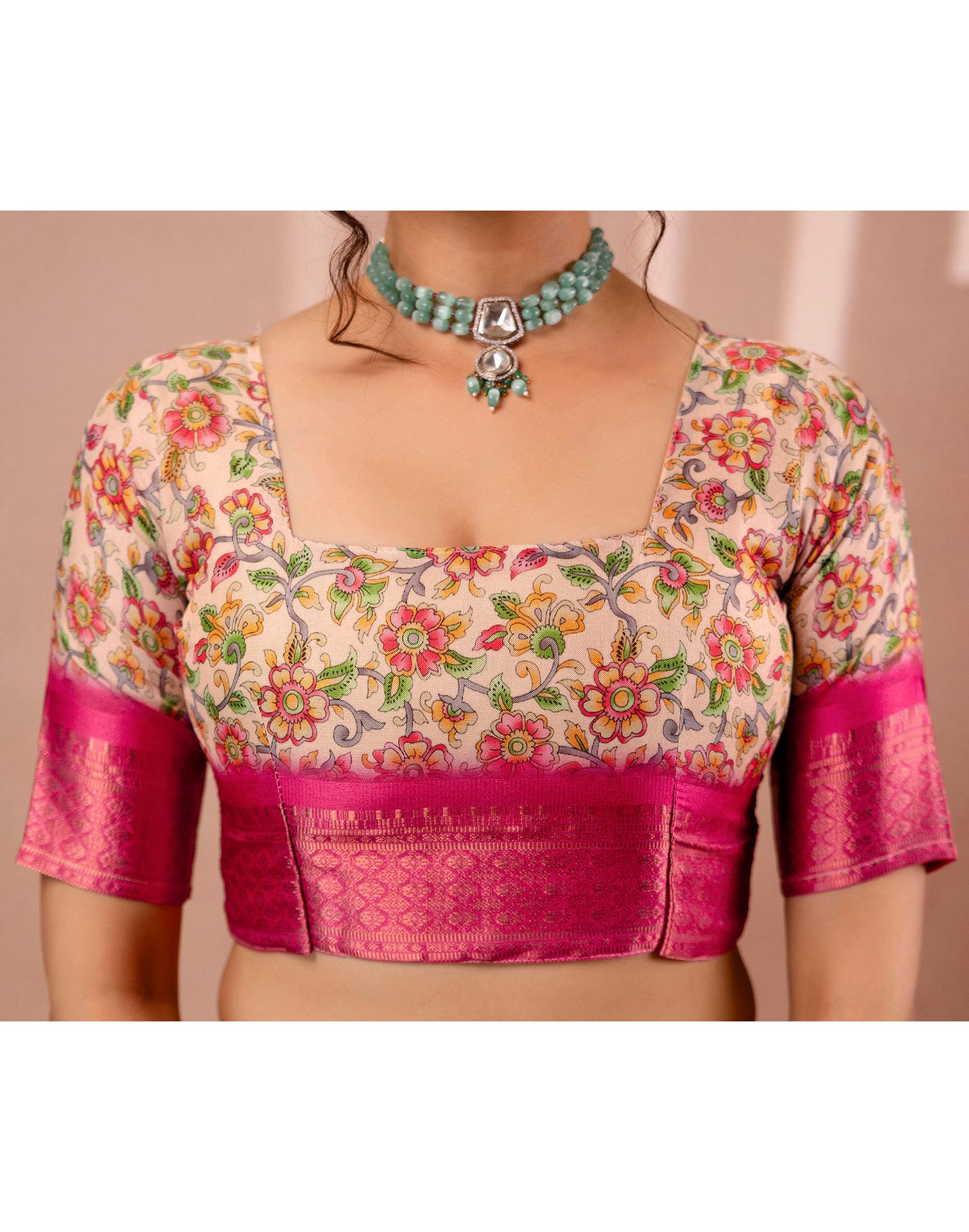 Beige Silk Kalamkari Printed Woven Border Saree - Image 13