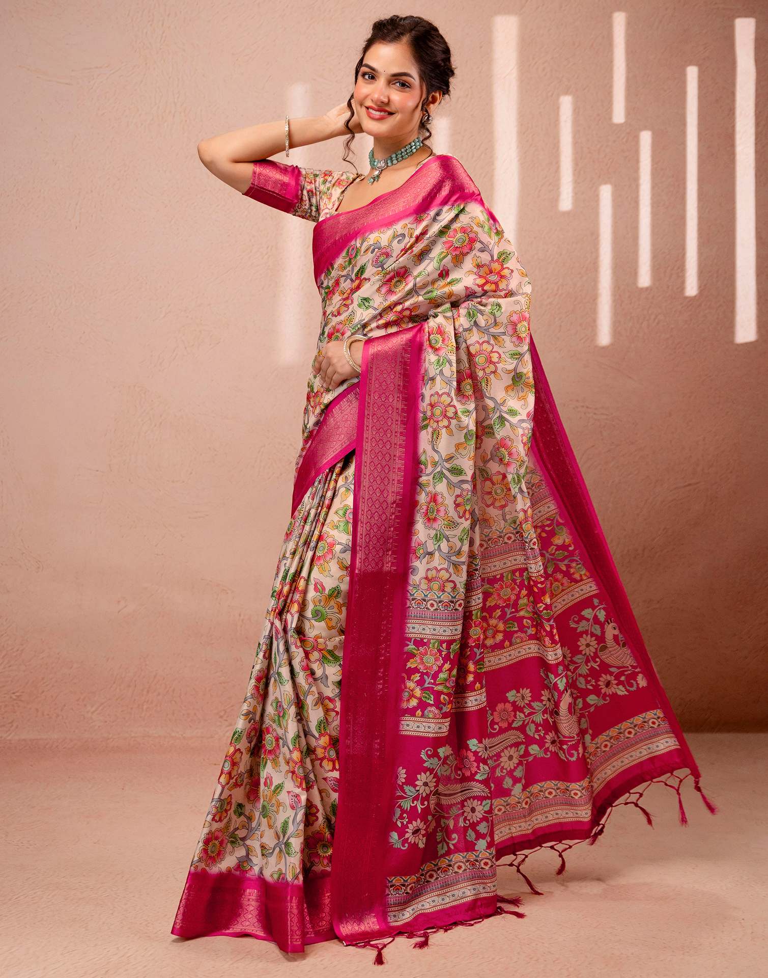 Beige Silk Kalamkari Printed Woven Border Saree - Image 2