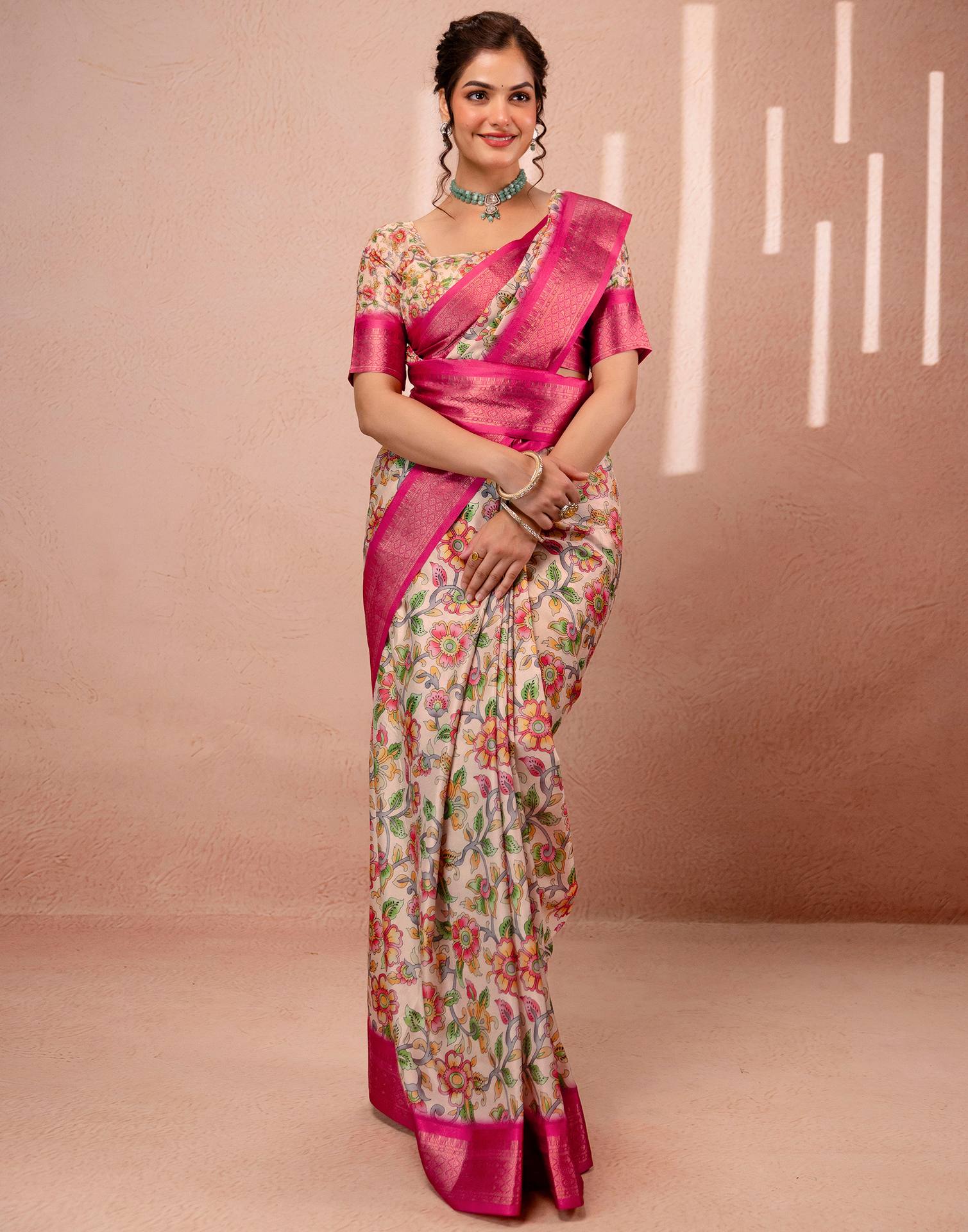 Beige Silk Kalamkari Printed Woven Border Saree - Image 7