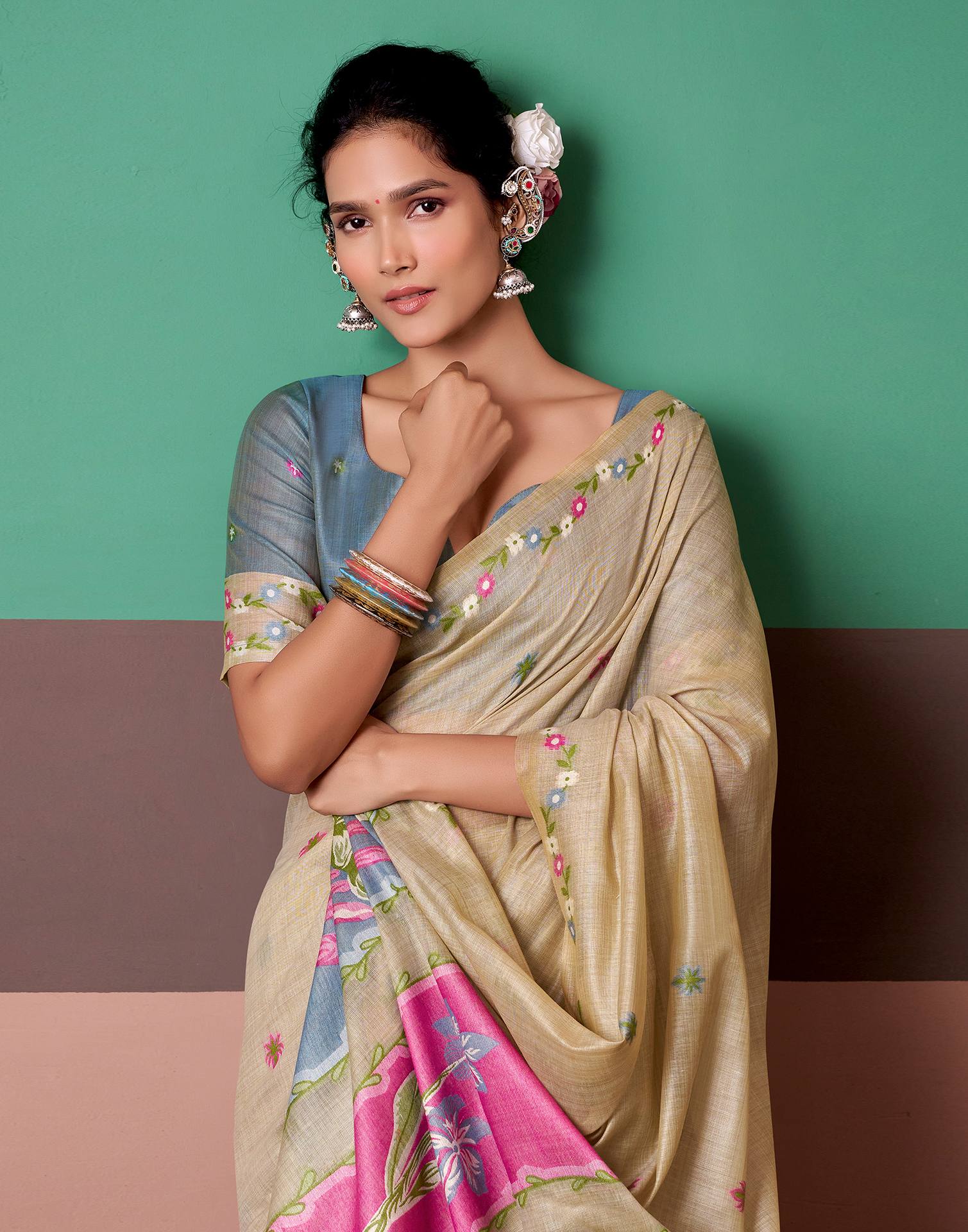 Beige Silk Printed Saree - Image 2