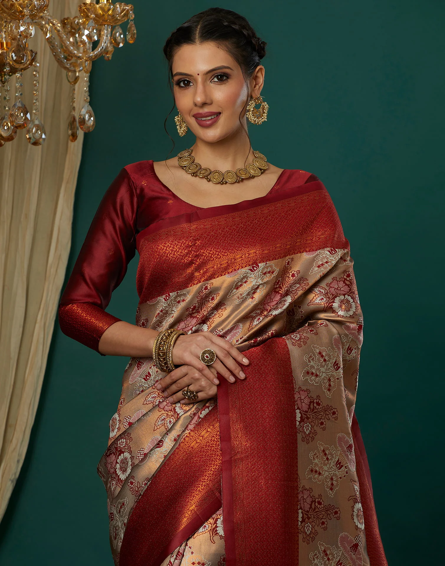 Beige Silk Woven Banarasi Saree - Image 2