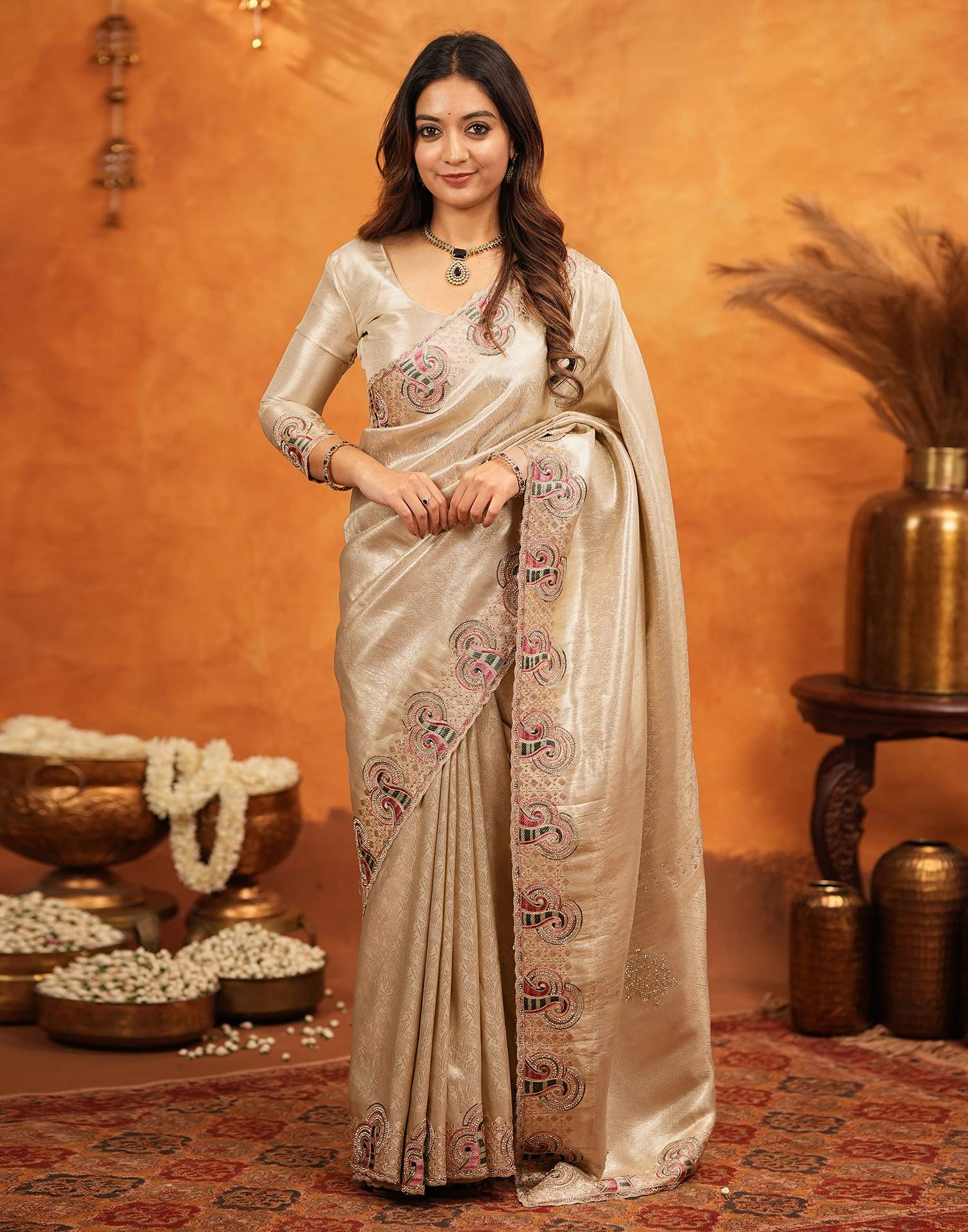 Beige Silk Woven Embroidery Stone Work Banarasi Saree