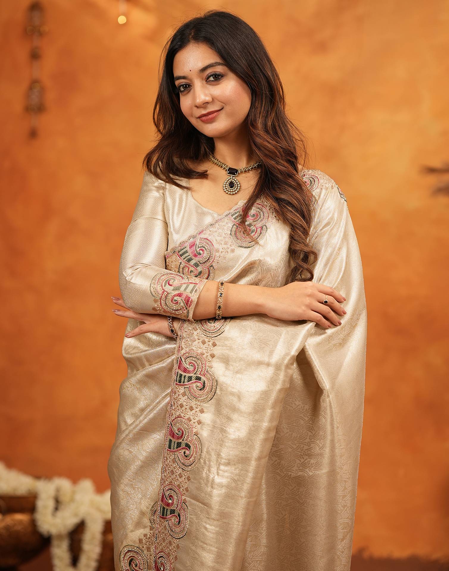 Beige Silk Woven Embroidery Stone Work Banarasi Saree - Image 10