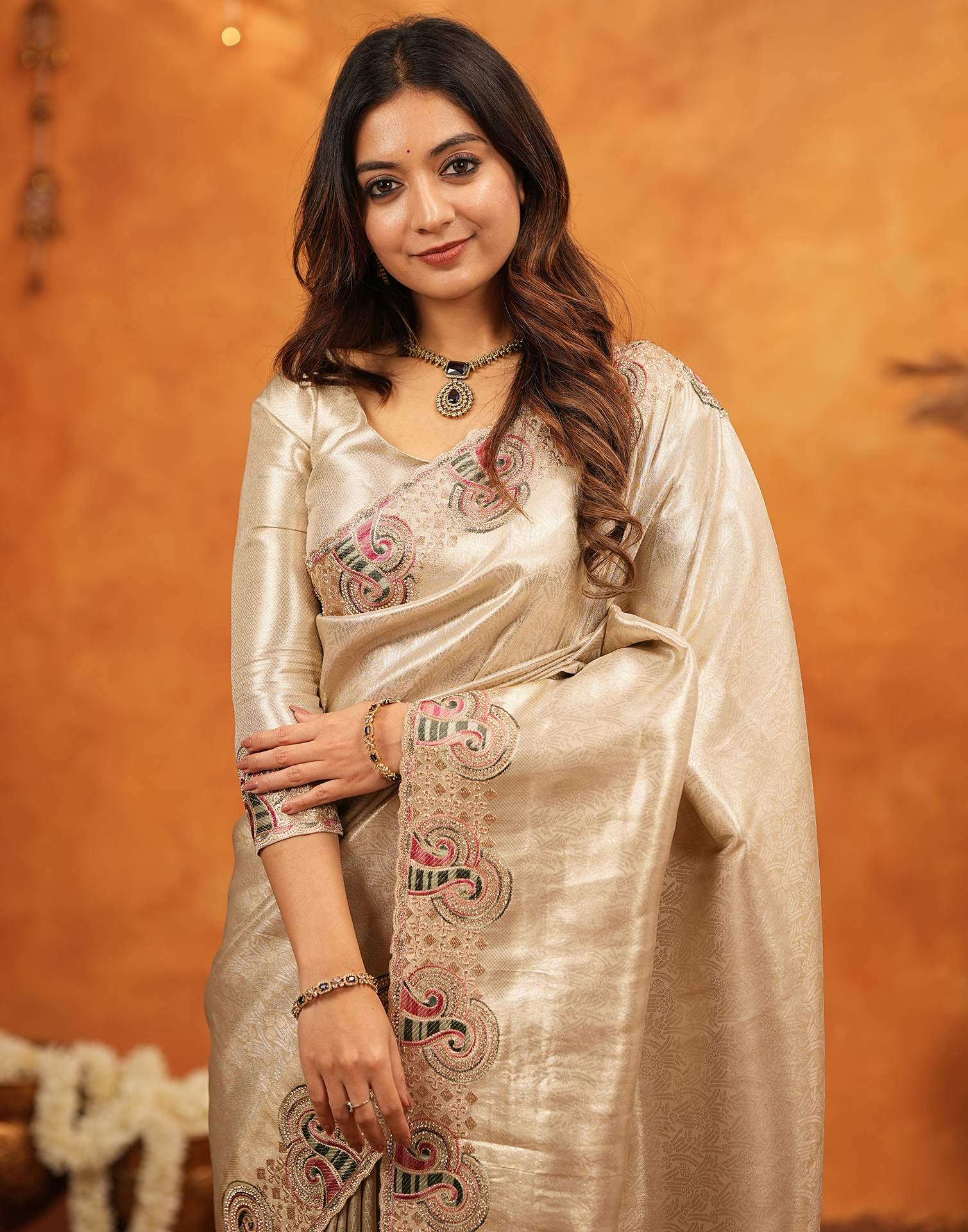 Beige Silk Woven Embroidery Stone Work Banarasi Saree - Image 11