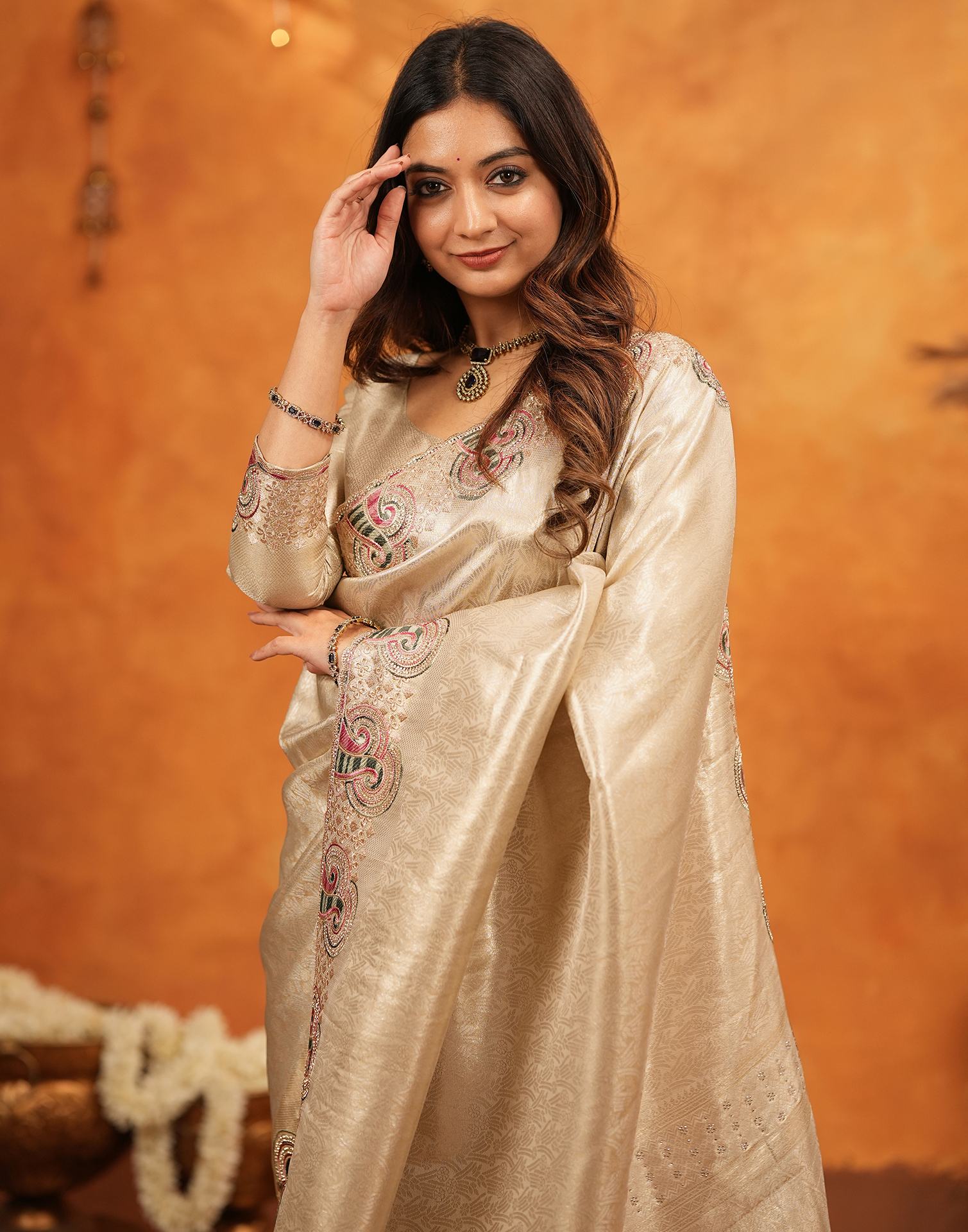 Beige Silk Woven Embroidery Stone Work Banarasi Saree - Image 2