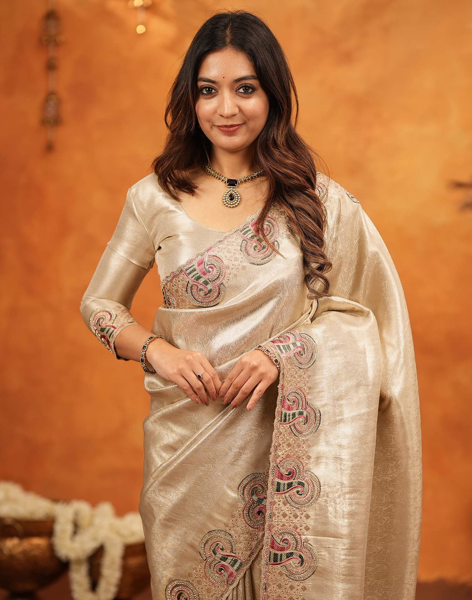 Beige Silk Woven Embroidery Stone Work Banarasi Saree - Image 4