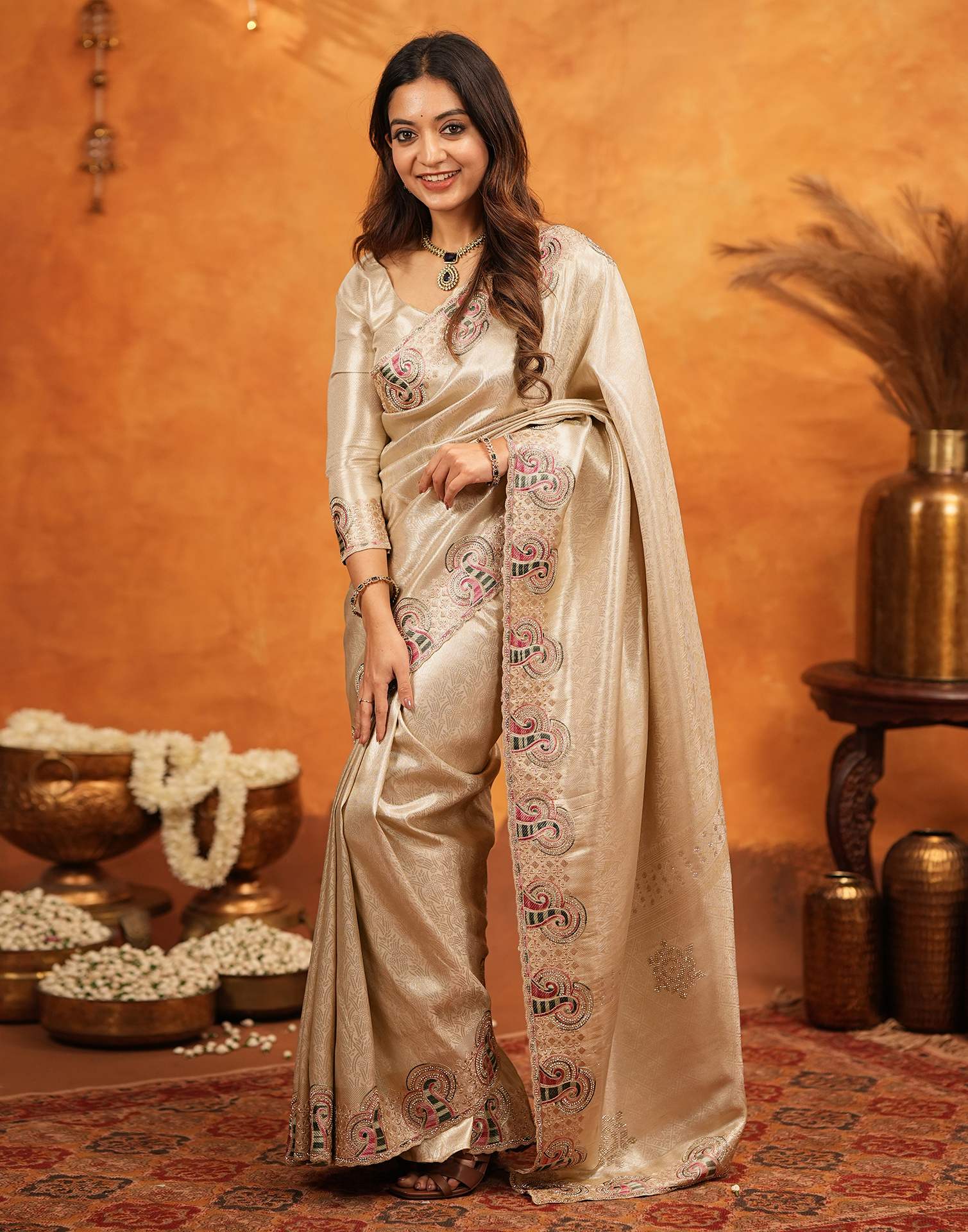 Beige Silk Woven Embroidery Stone Work Banarasi Saree - Image 5