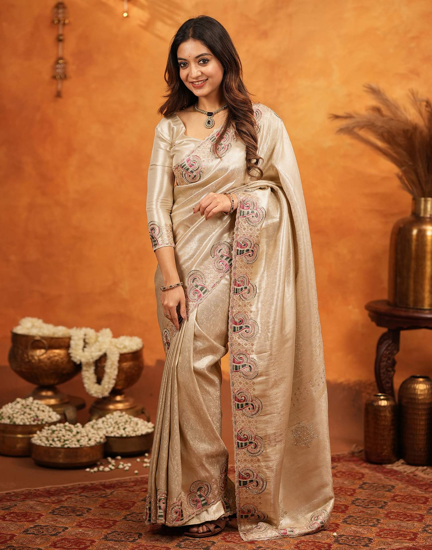 Beige Silk Woven Embroidery Stone Work Banarasi Saree - Image 6