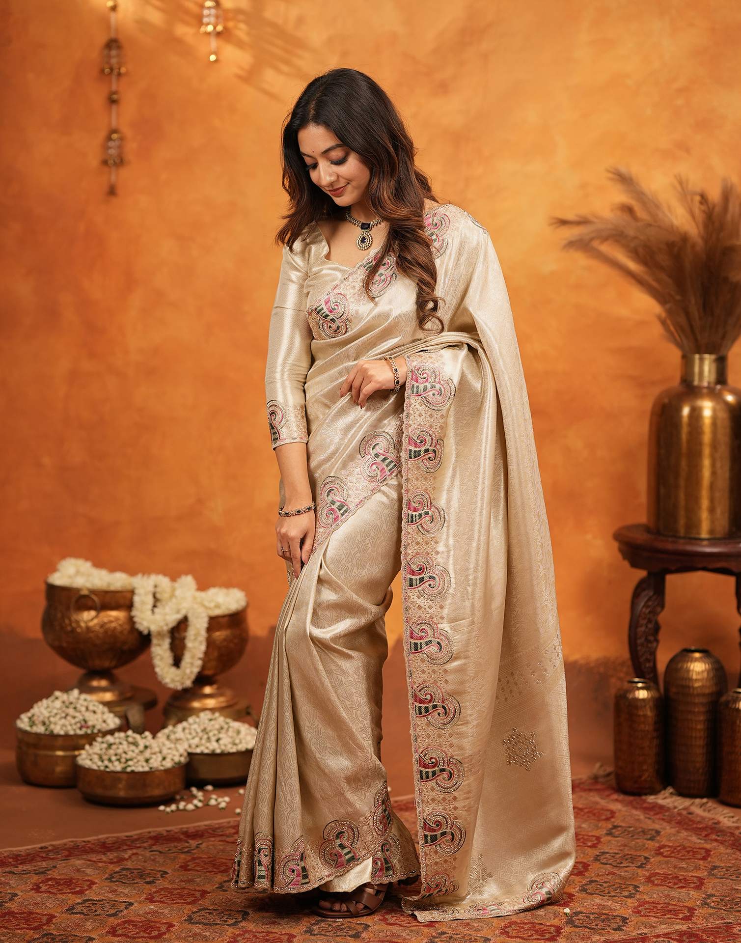 Beige Silk Woven Embroidery Stone Work Banarasi Saree - Image 8