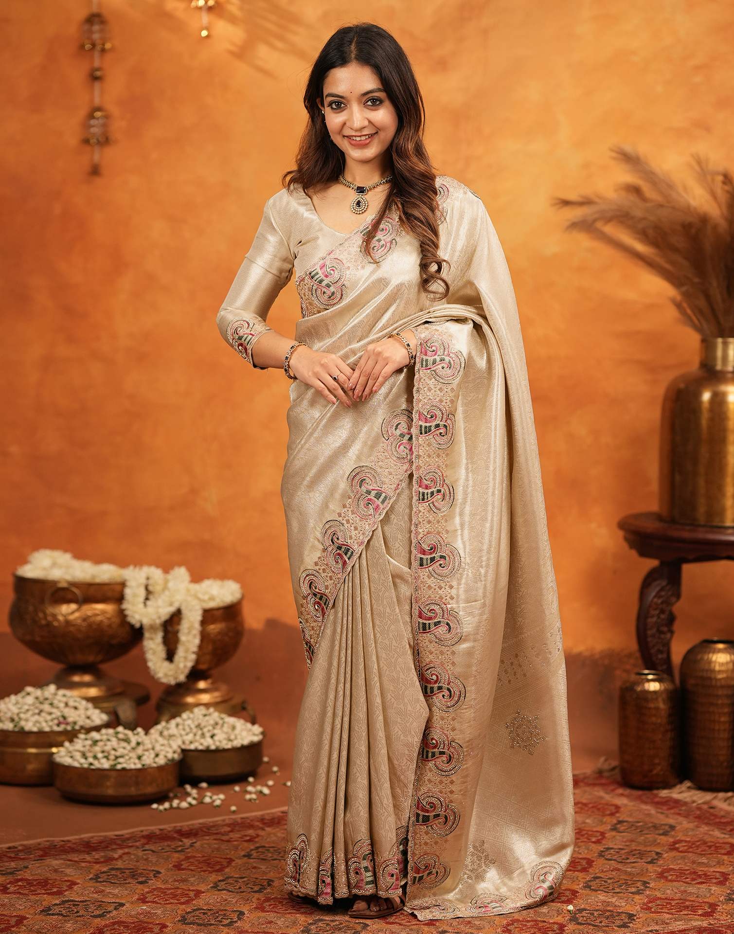 Beige Silk Woven Embroidery Stone Work Banarasi Saree - Image 9