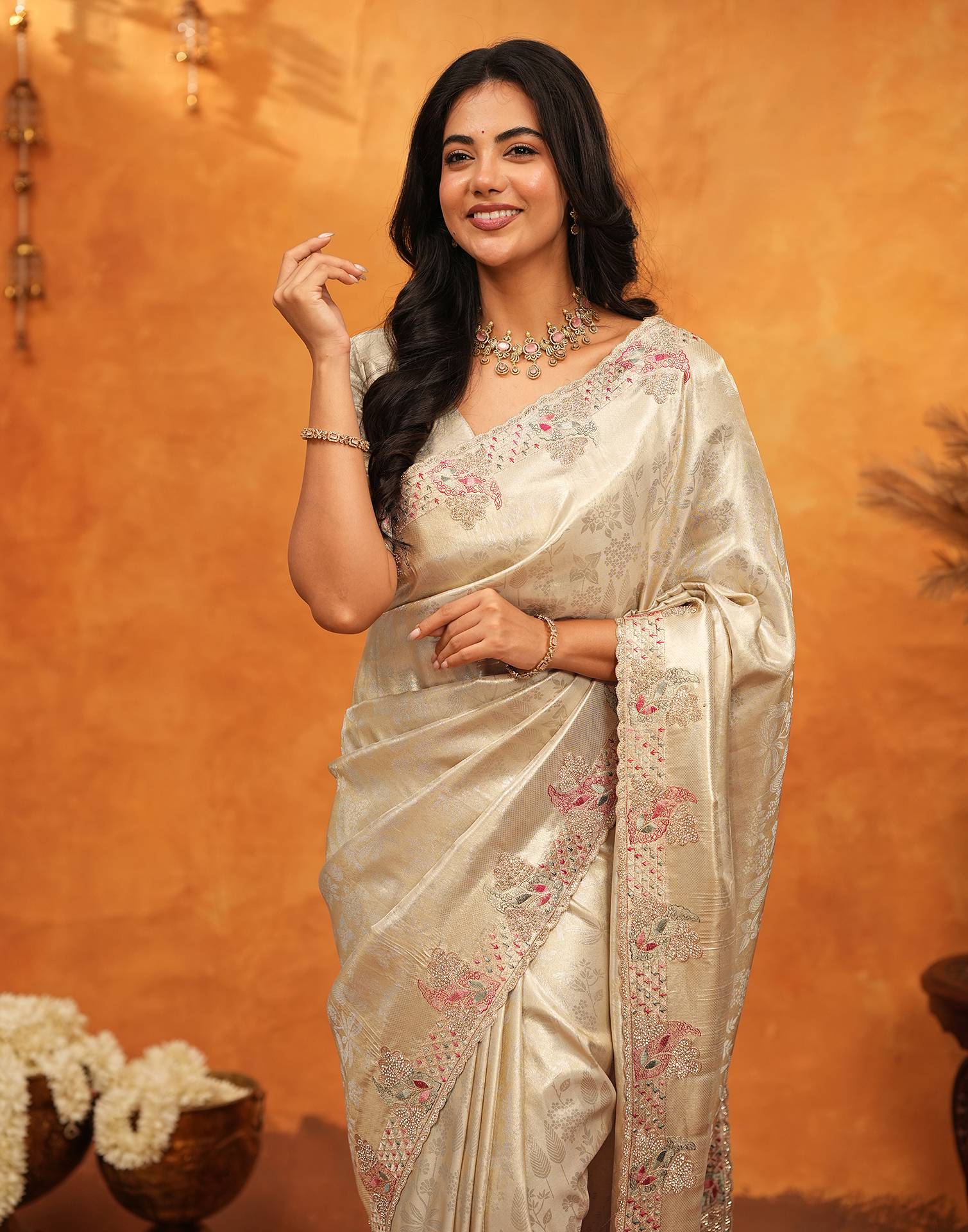 Beige Silk Woven Embroidery Stone Work Embellished Saree - Image 2