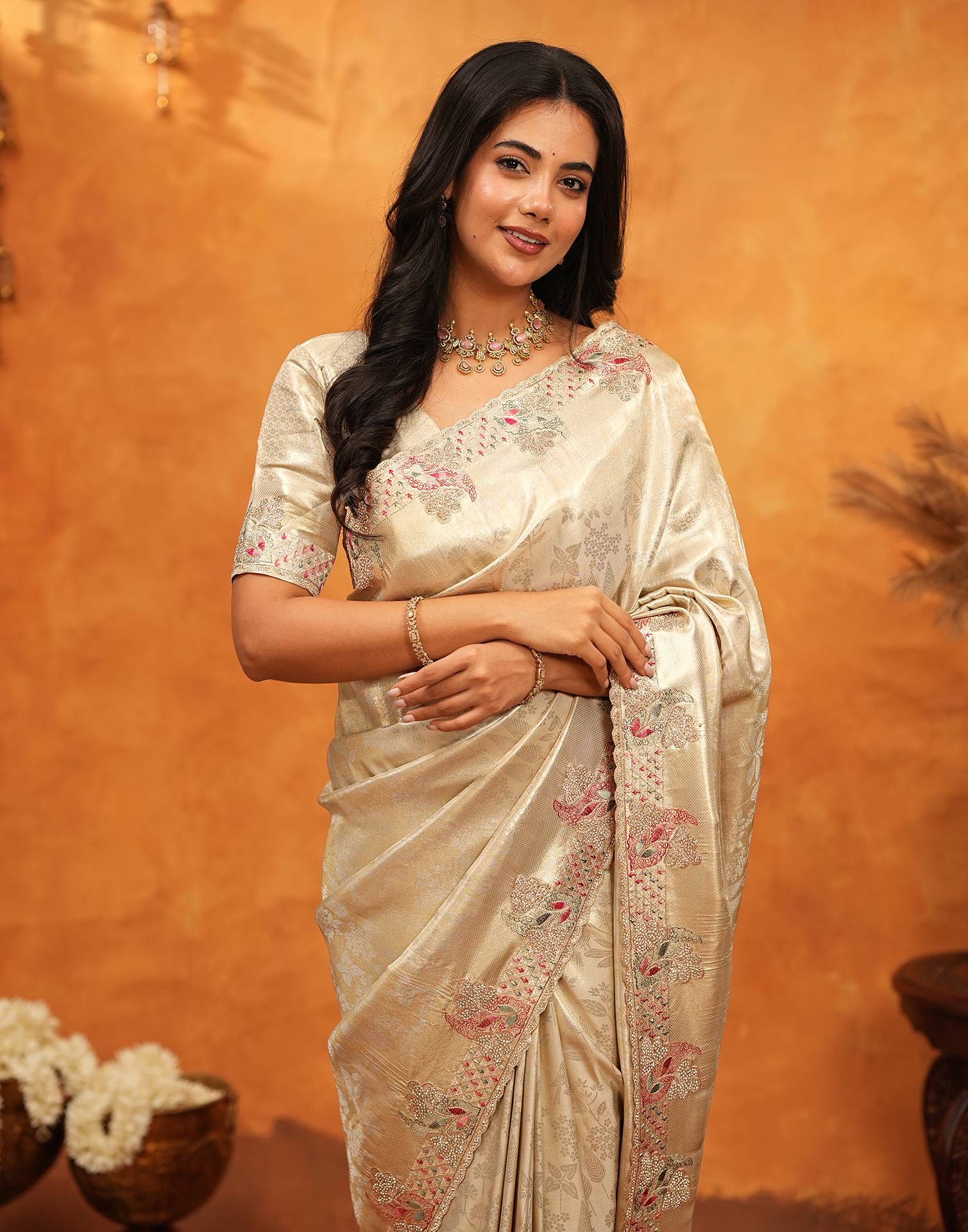 Beige Silk Woven Embroidery Stone Work Embellished Saree - Image 7