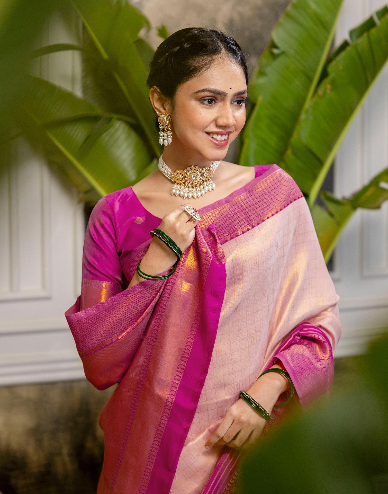 Pink Silk Woven Kanjivaram Saree - Image 4