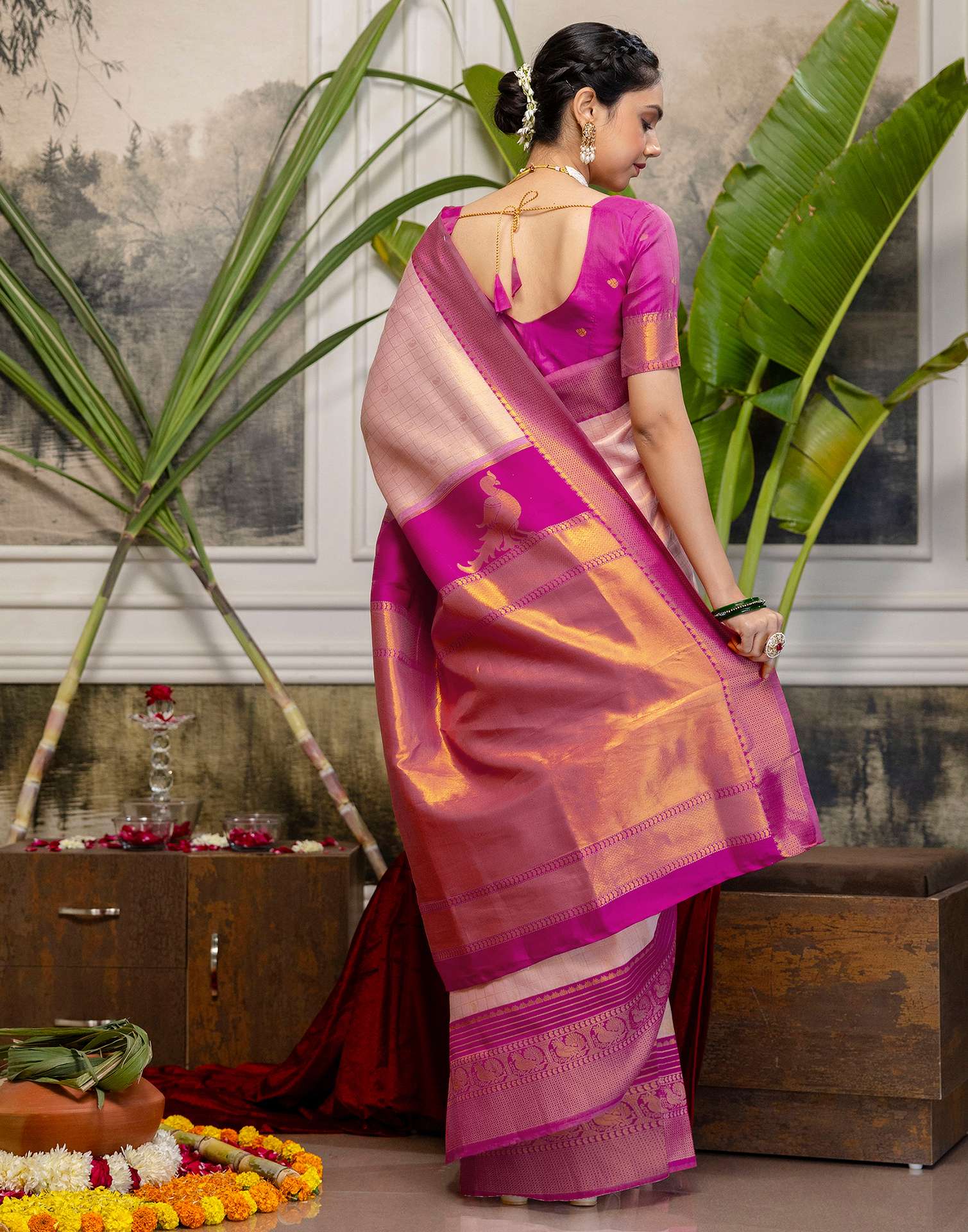 Pink Silk Woven Kanjivaram Saree - Image 7