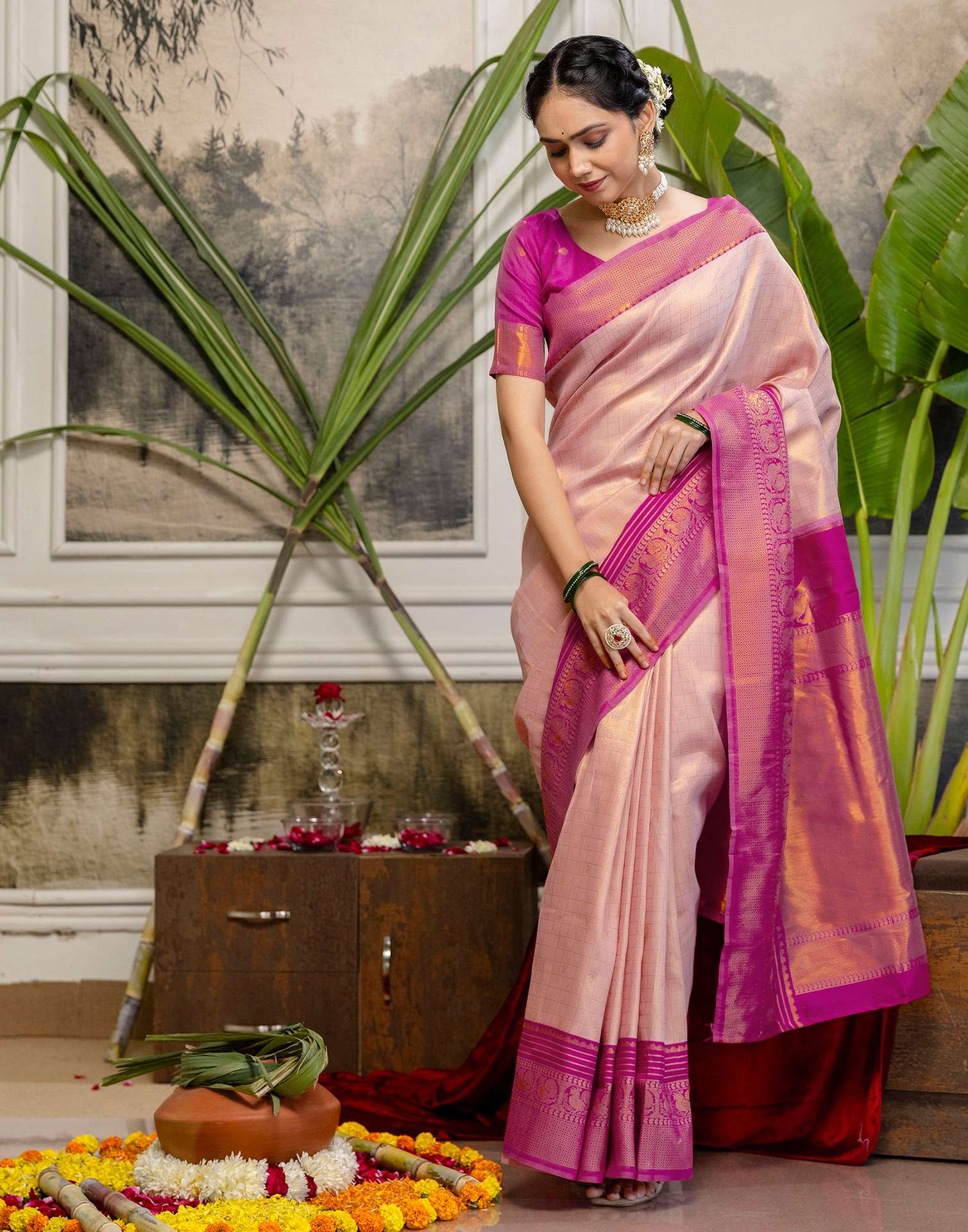 Pink Silk Woven Kanjivaram Saree - Image 8