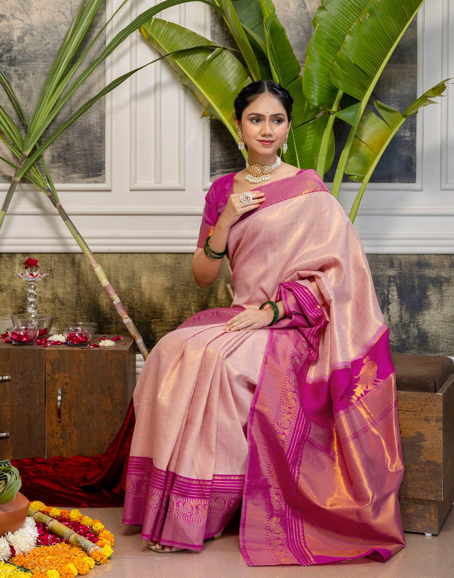 Pink Silk Woven Kanjivaram Saree - Image 9