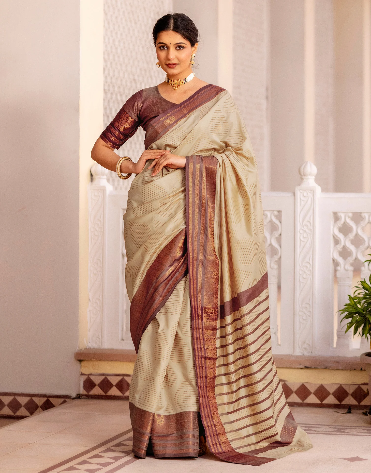 Beige Silk Woven Kanjivaram Saree