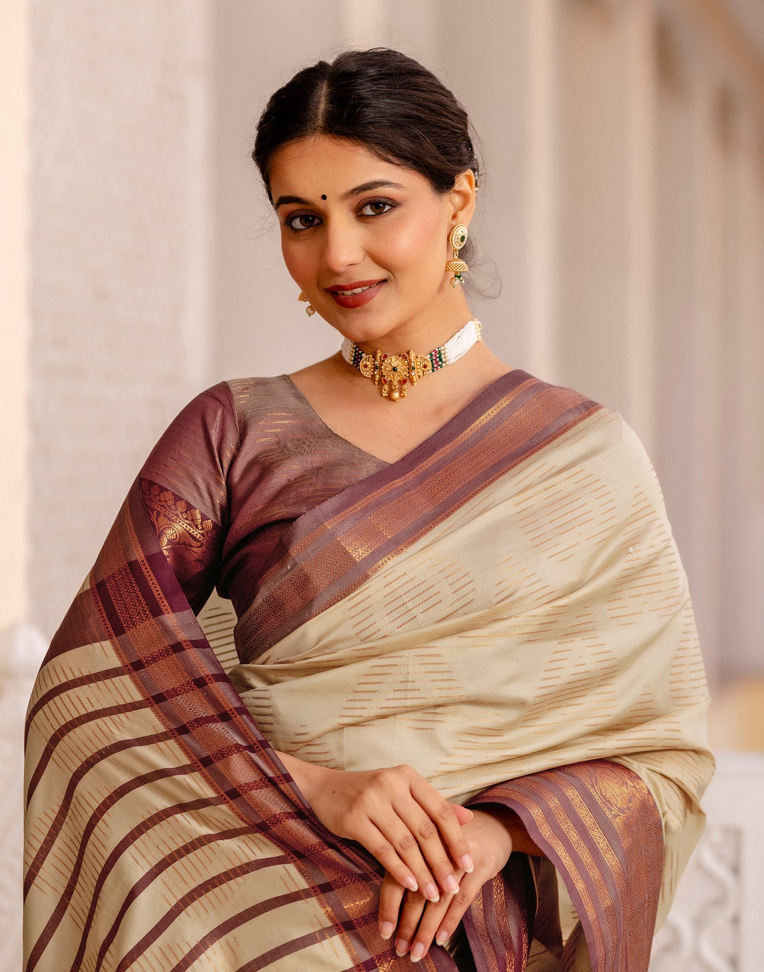 Beige Silk Woven Kanjivaram Saree - Image 2
