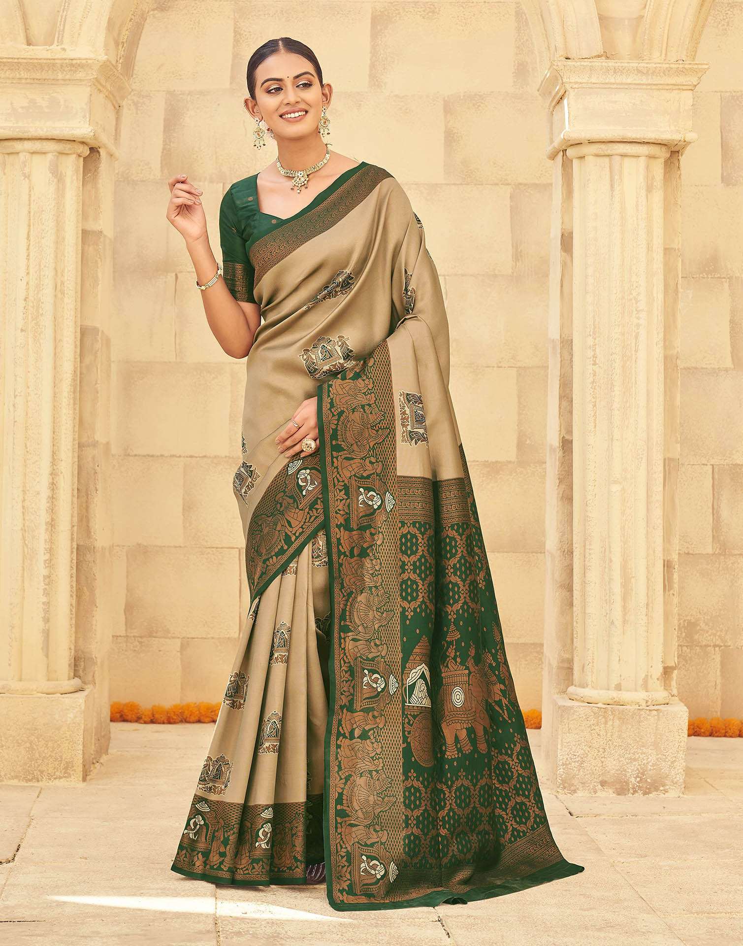Beige Silk Woven Kanjivaram Saree - Image 2