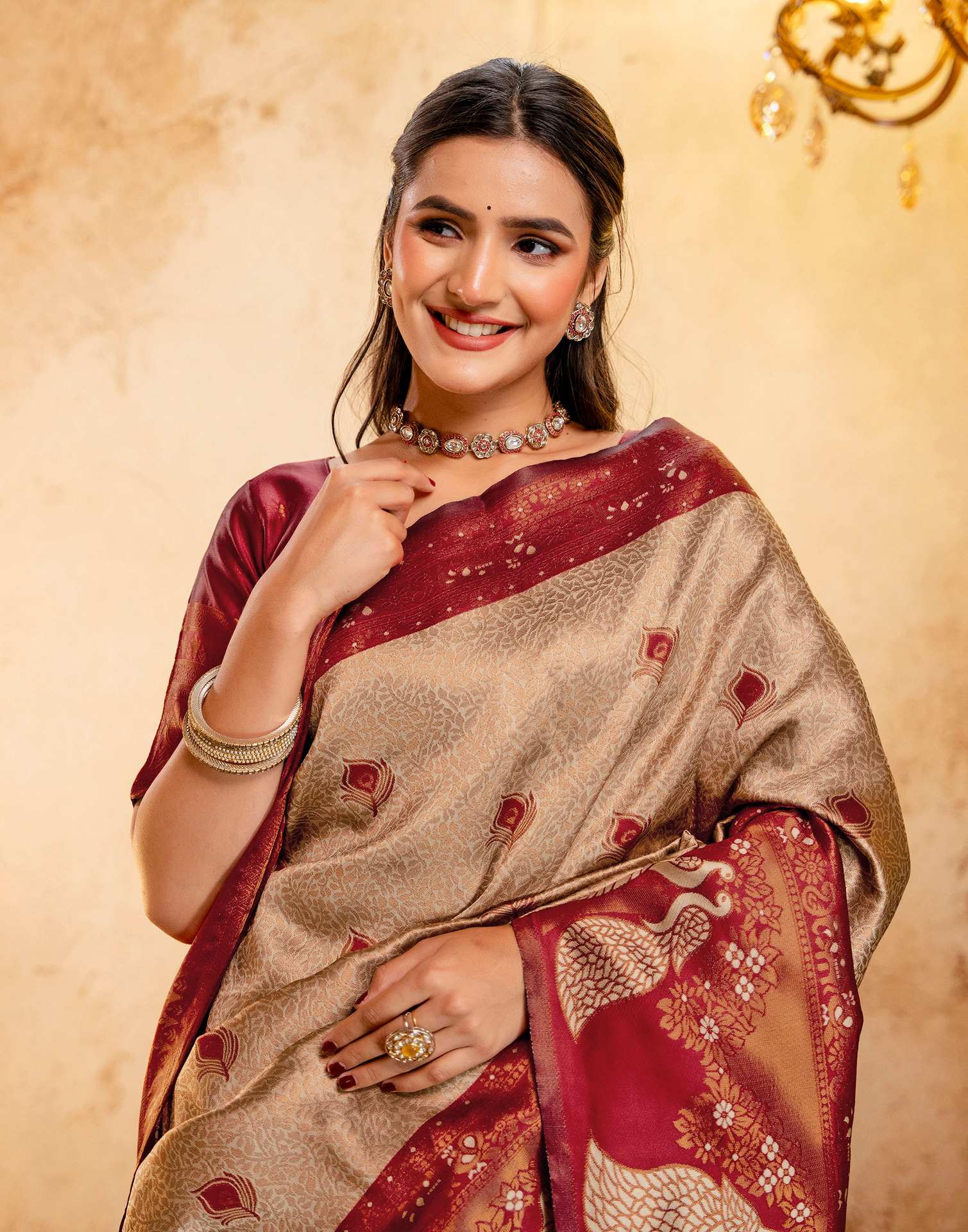 Beige Silk Woven Kanjivaram Saree - Image 2