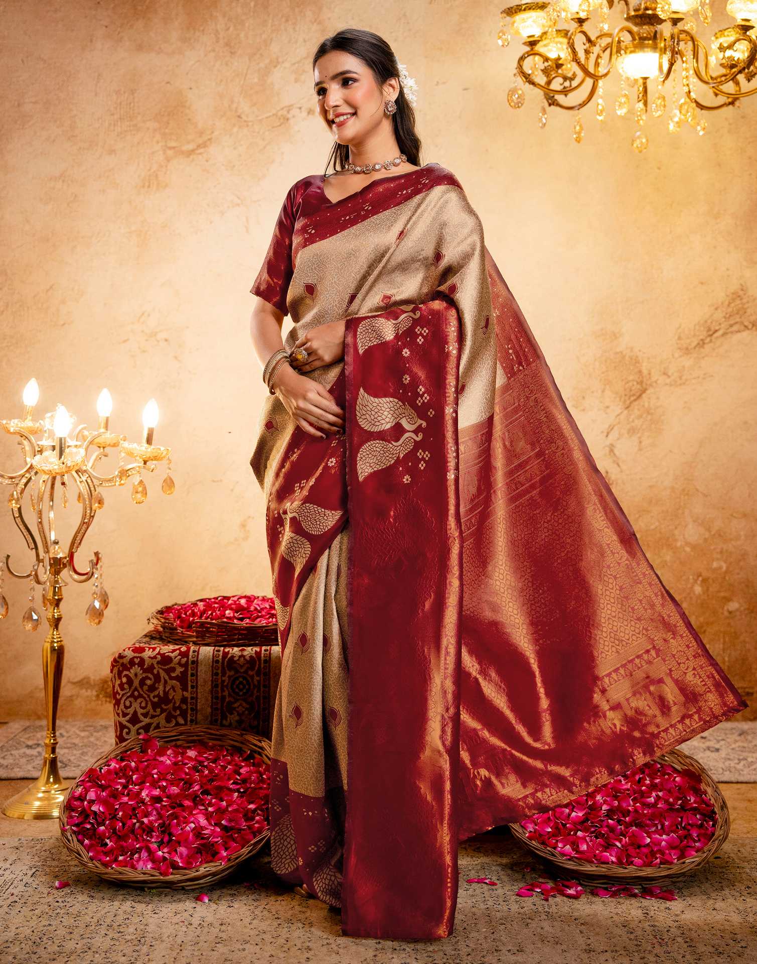 Beige Silk Woven Kanjivaram Saree - Image 5