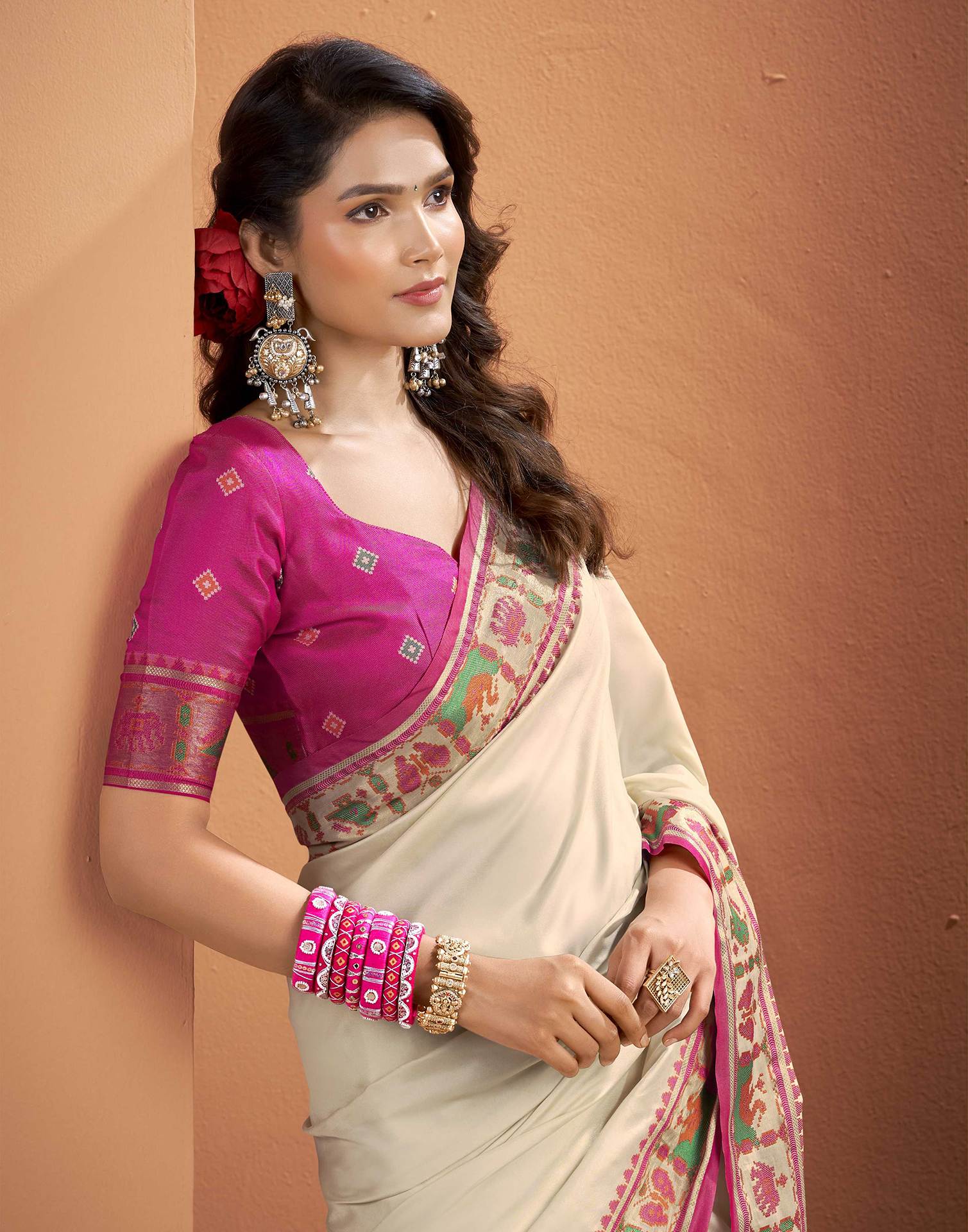 Beige Silk Woven Patola Saree - Image 2