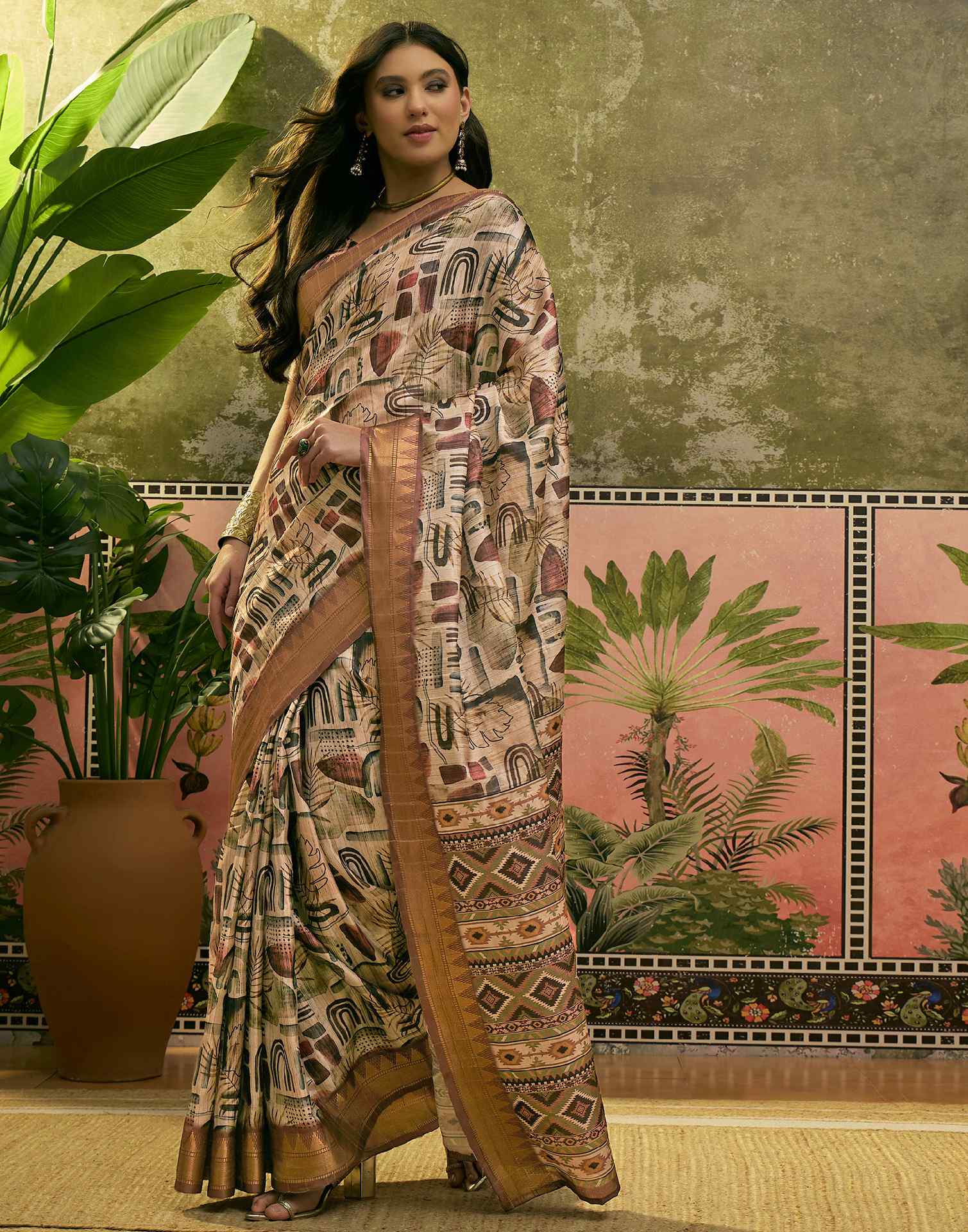 Beige Silk Woven Printed Saree - Image 5