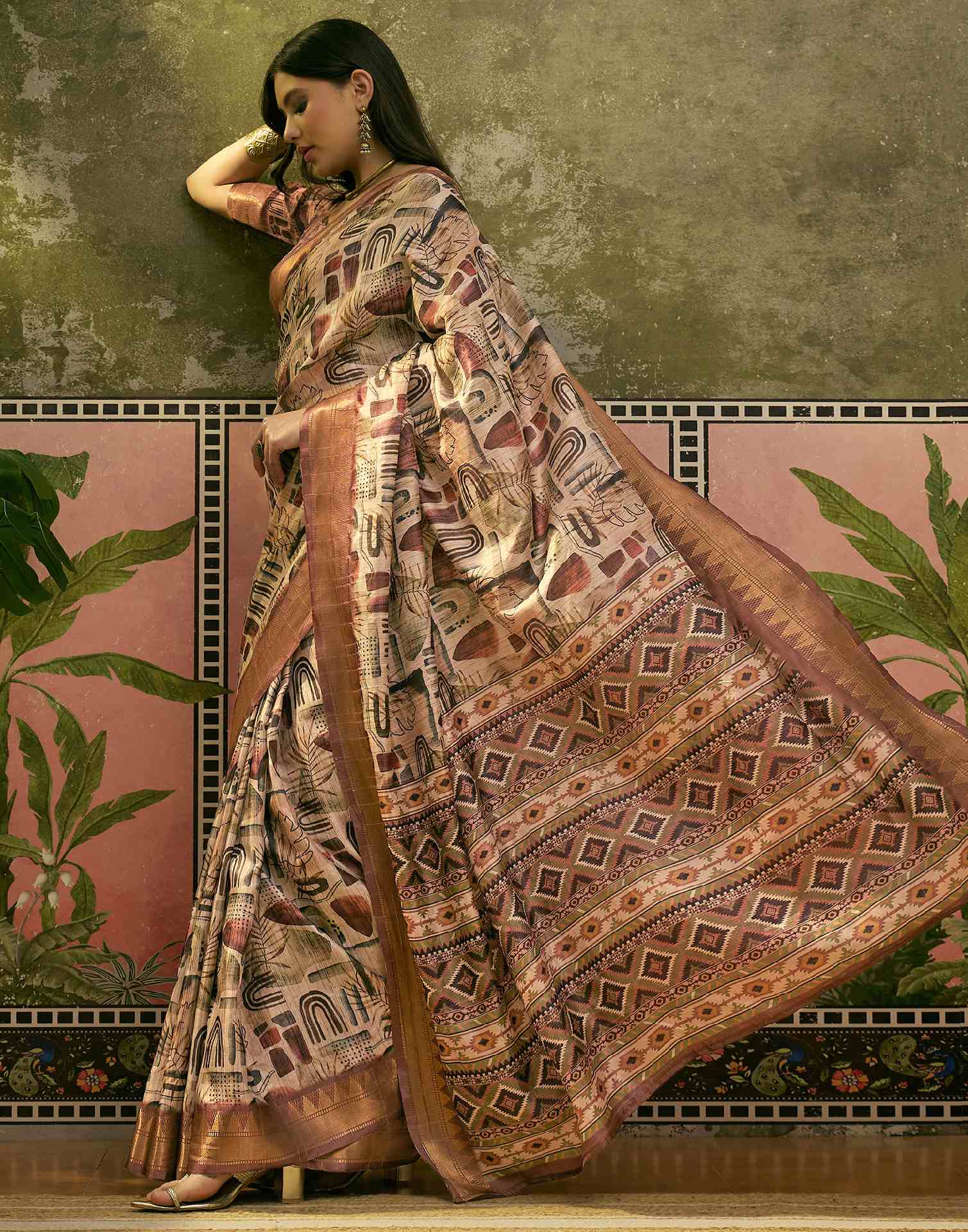 Beige Silk Woven Printed Saree - Image 6