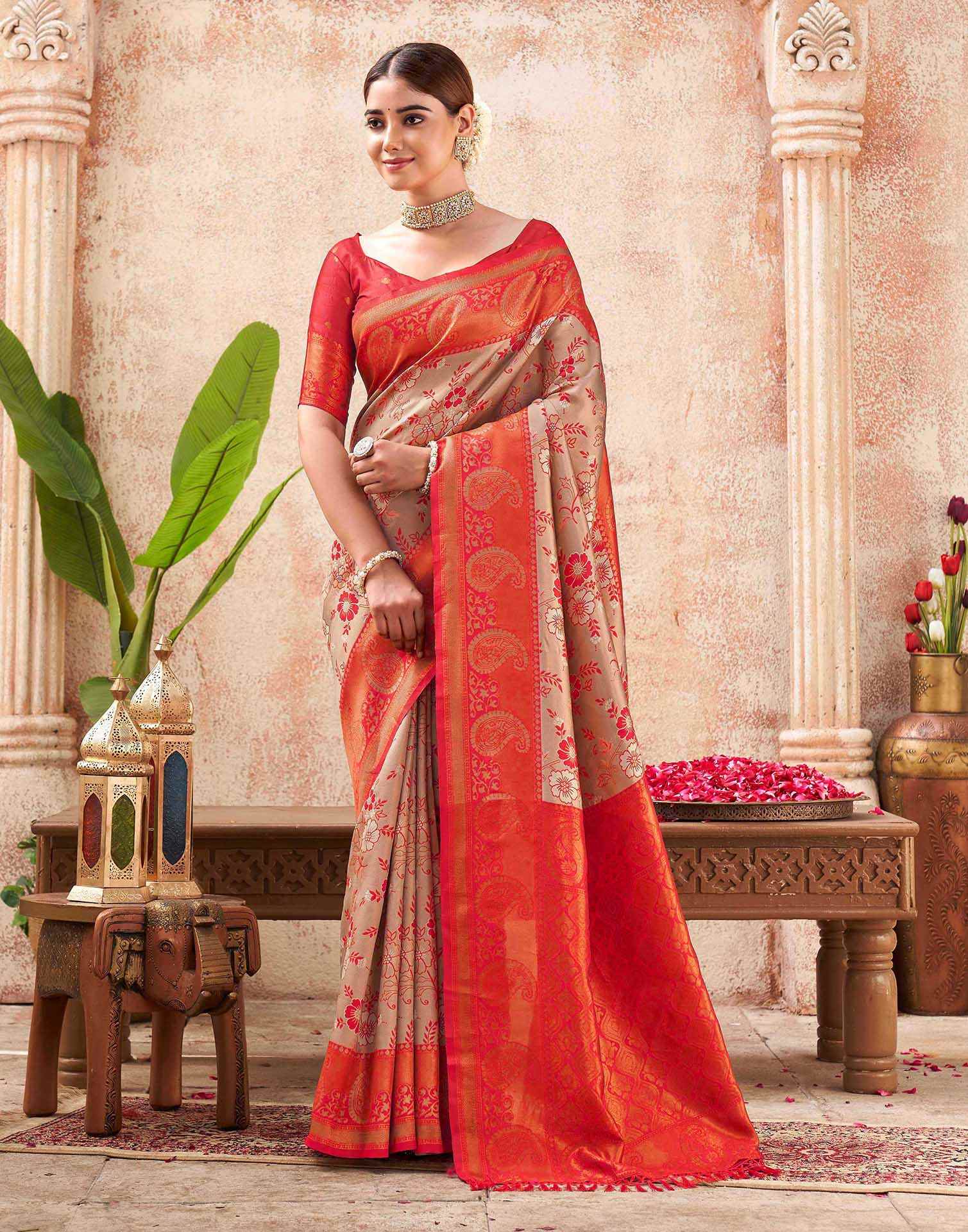 Beige Silk Woven Banarasi Saree