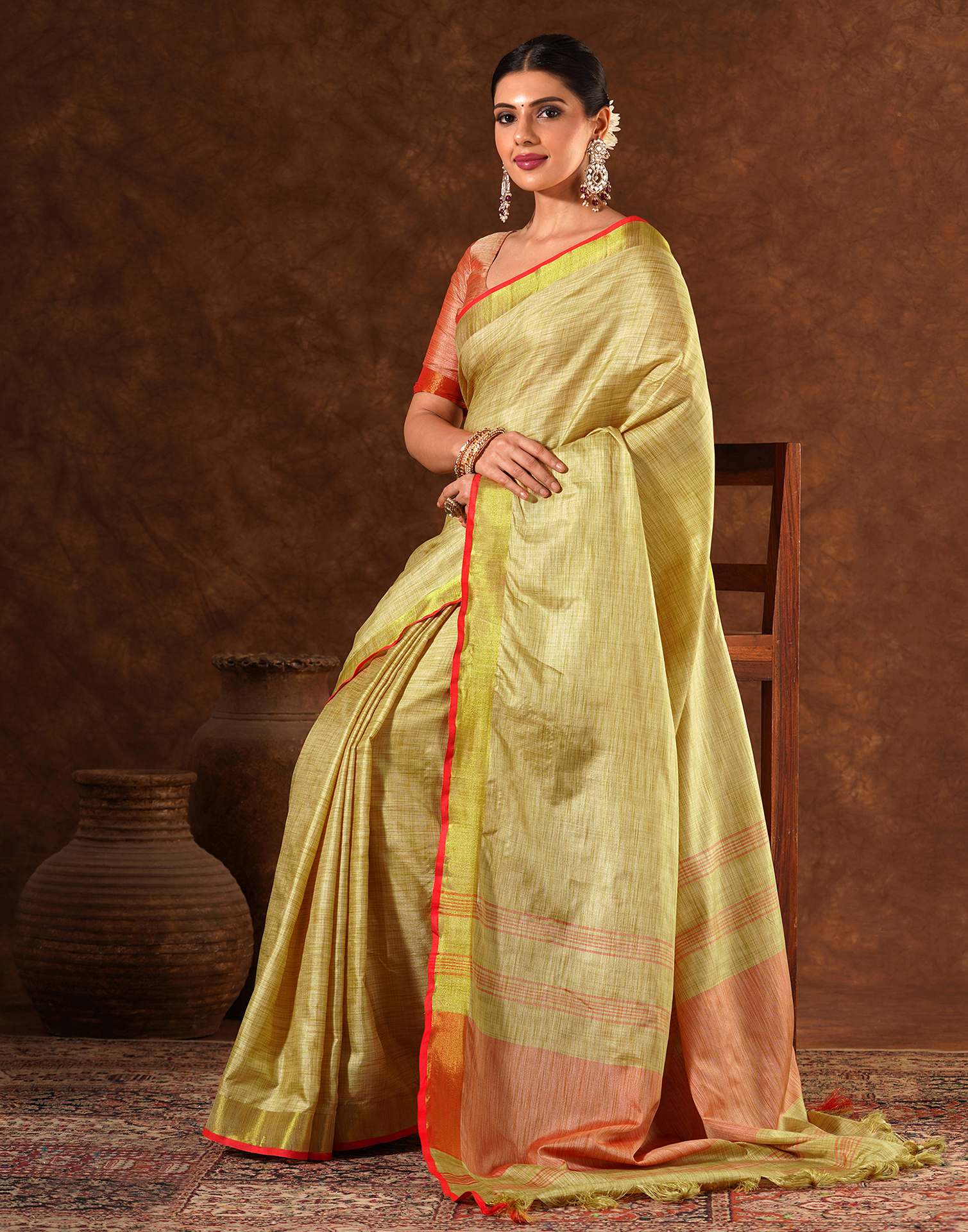 Beige Silk Zari work Plain Saree - Image 6