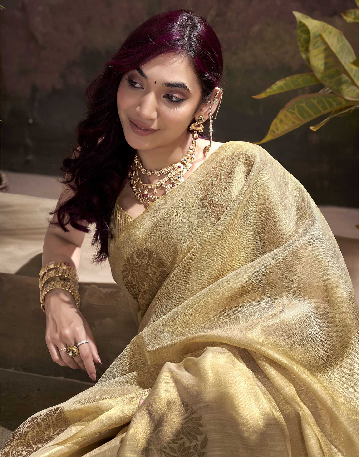 Beige Tissue Silk Woven Saree - Image 2