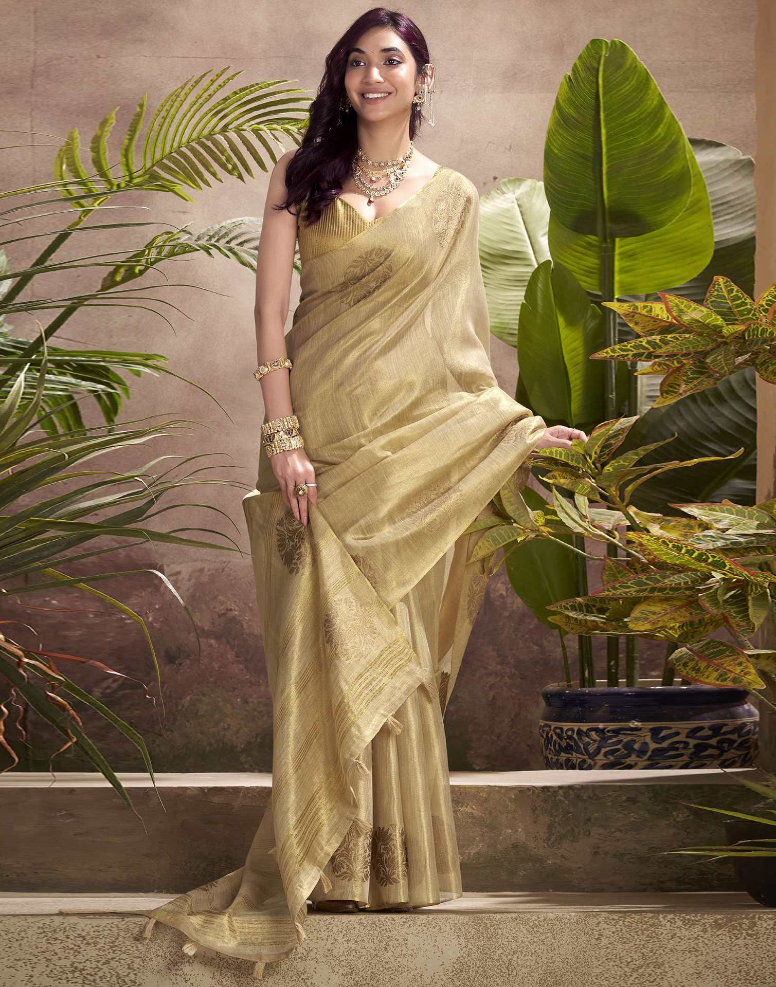 Beige Tissue Silk Woven Saree - Image 5