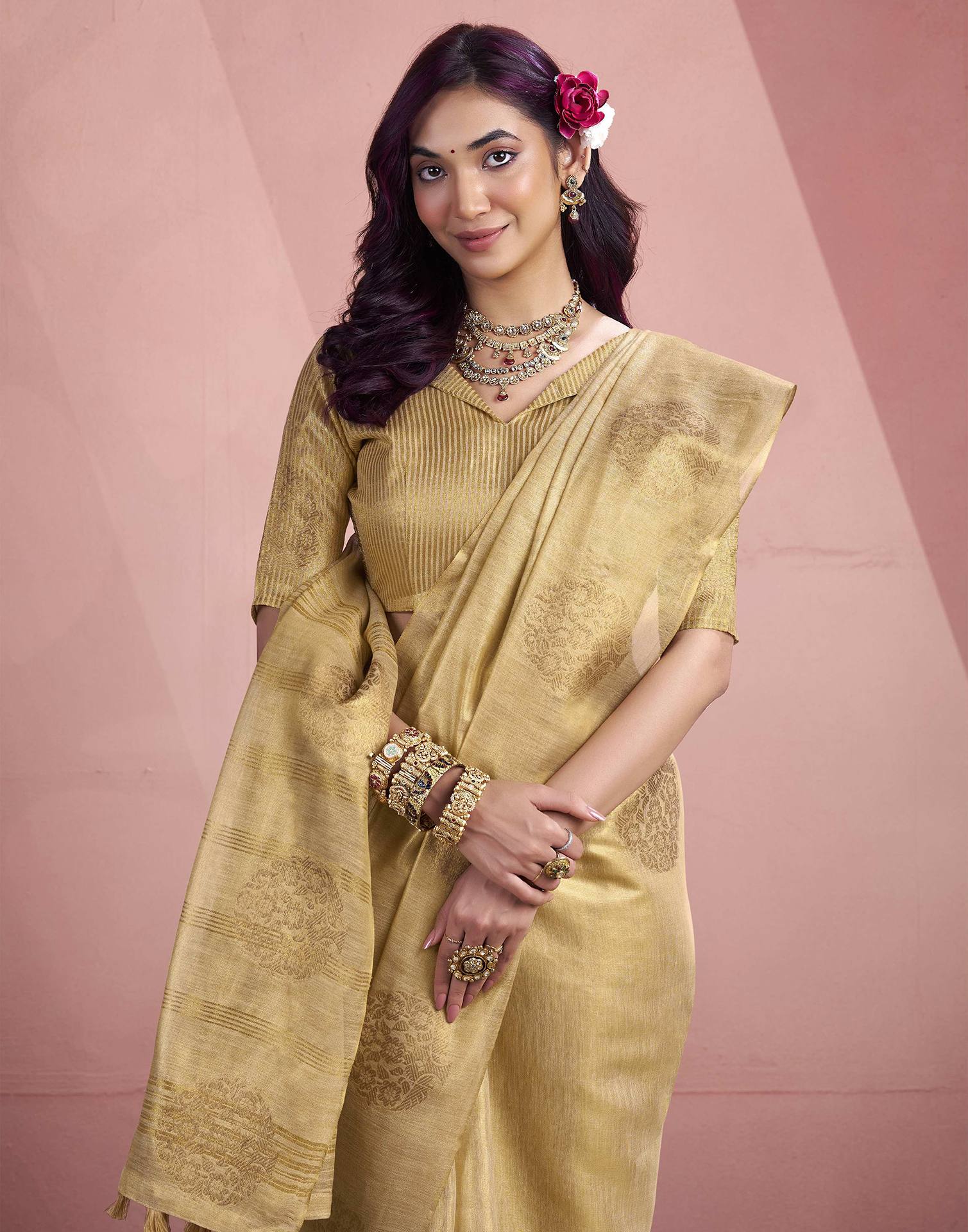 Beige Tissue Silk Woven Saree - Image 4