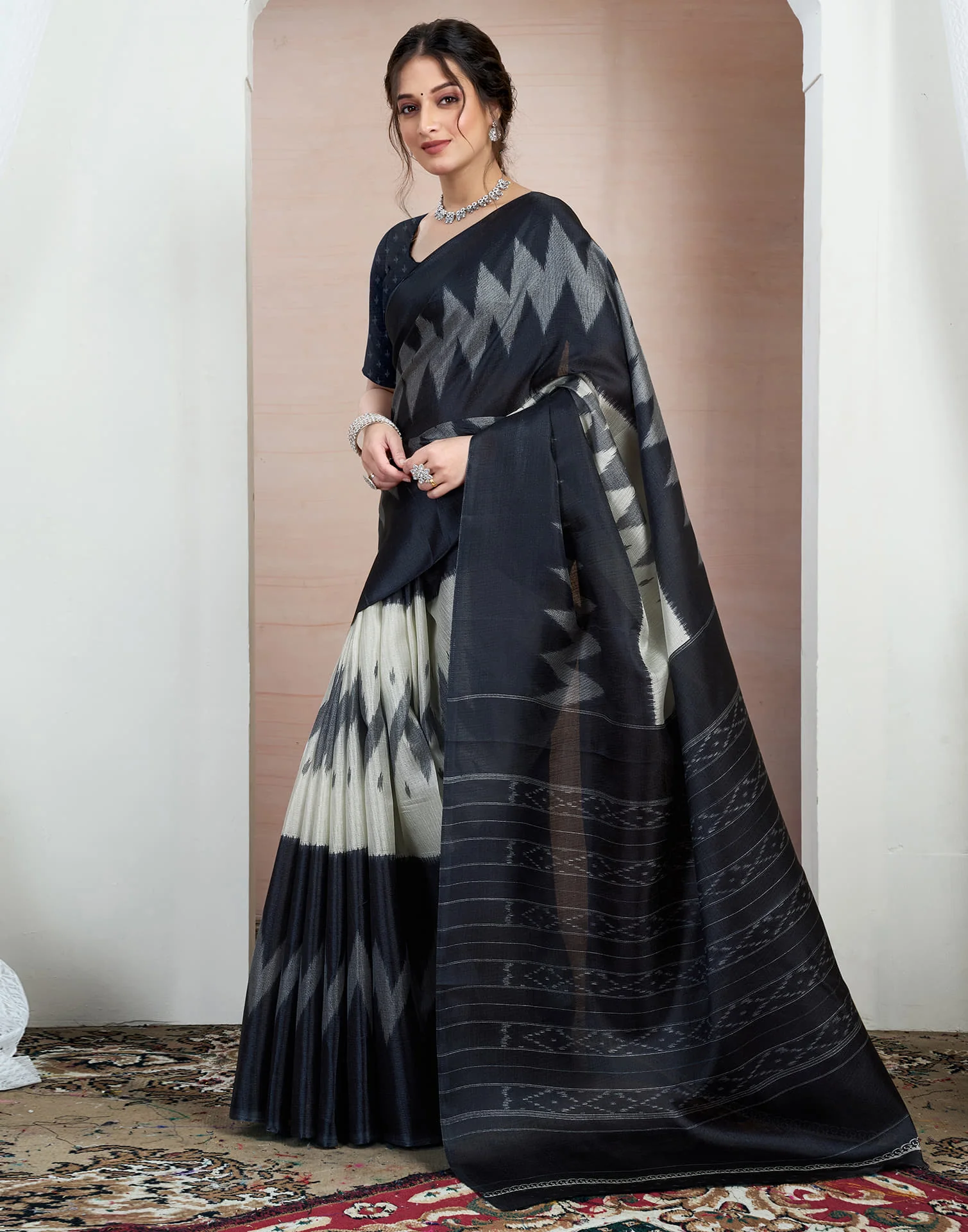 Black Bhagalpuri Silk Printed Saree - Image 5